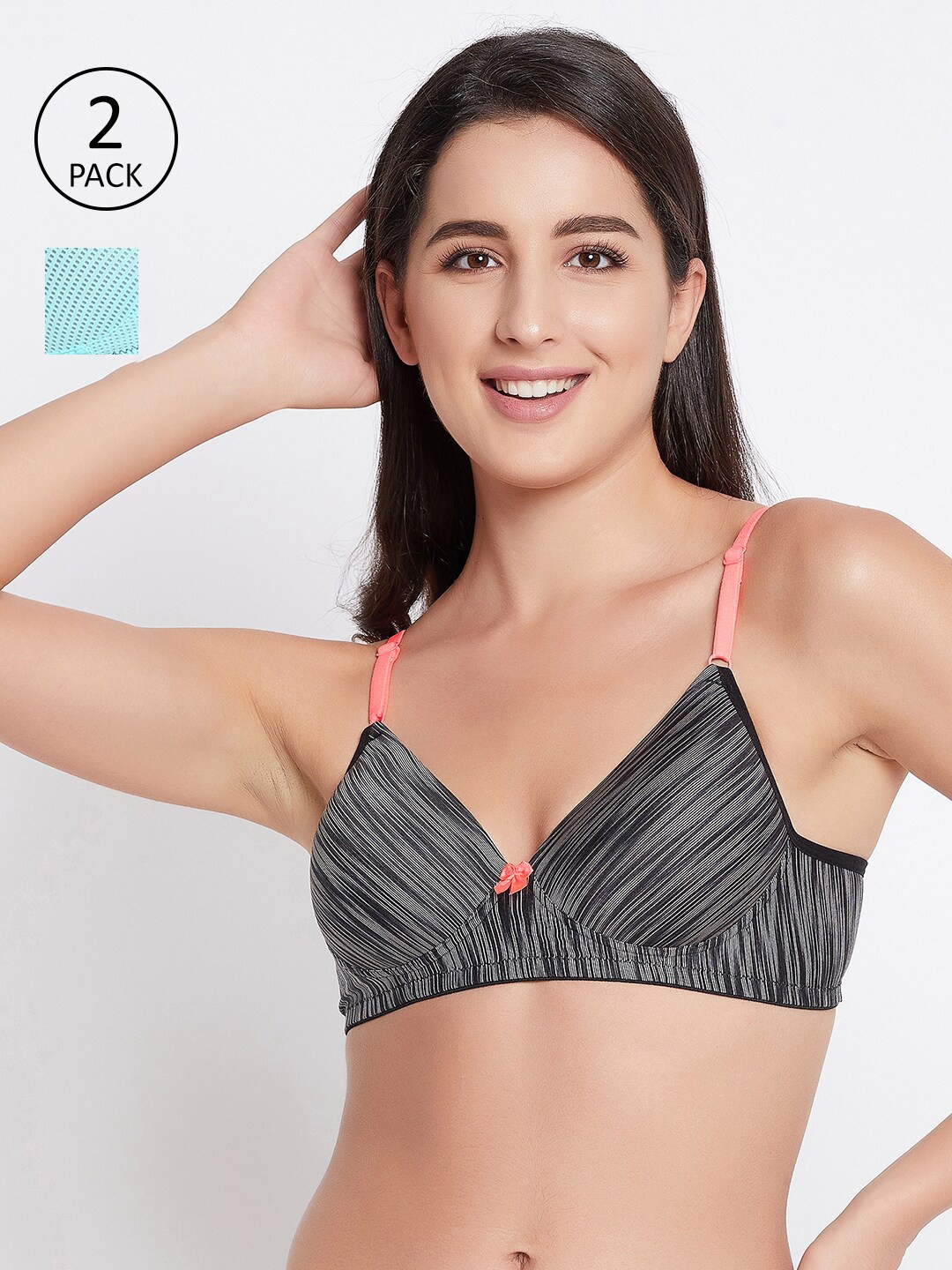 

Clovia Pack Of 2 Grey & Blue Printed Non Padded Non-Wired Everyday Bra
