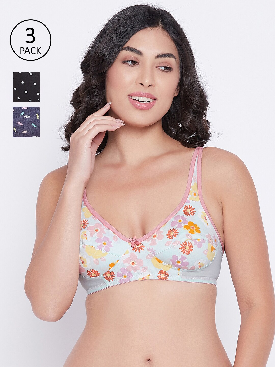 

Clovia Pack Of 3 Black & Blue Floral Cotton Bra
