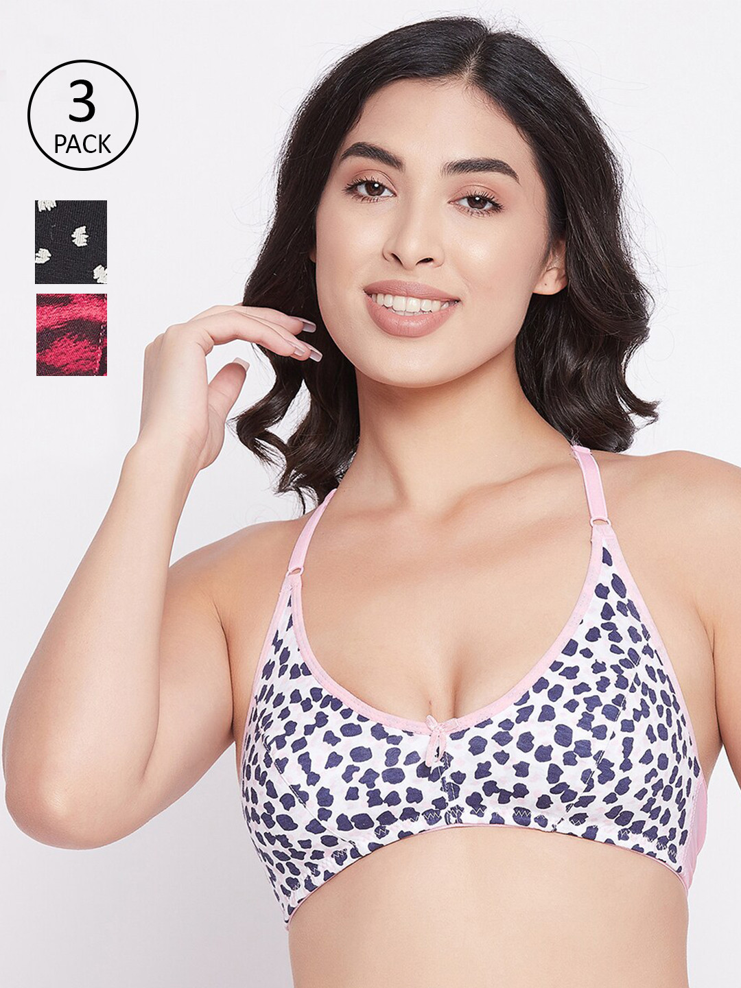 

Clovia Set Of 3 Pink & Black Non Padded & Non Wired Animal Printed Bra