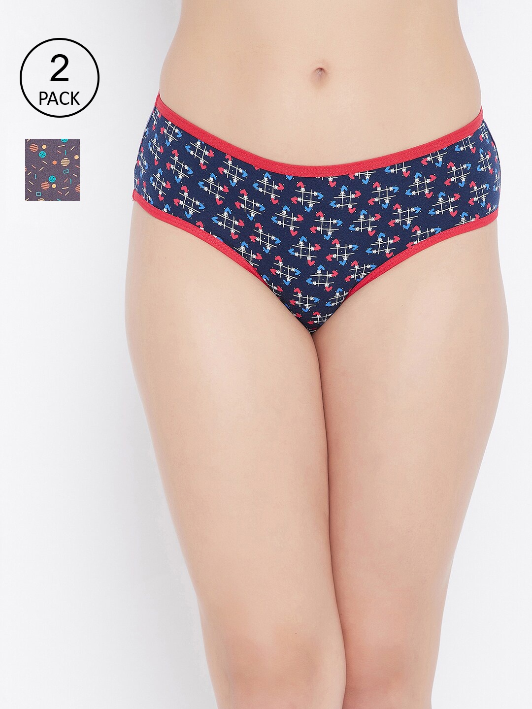 

Clovia Pack of 2 Geometric Print Cotton Mid Waist Hipster Panty, Navy blue