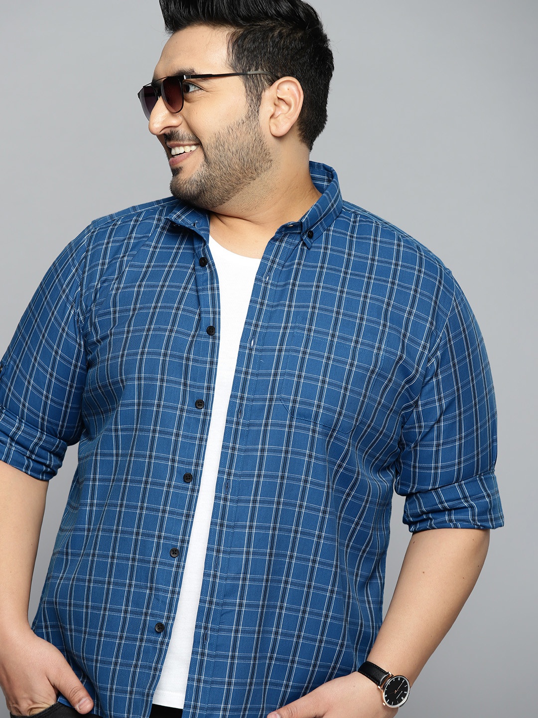 

DENNISON Plus Size Men Navy Blue & White Slim Fit Checked Pure Cotton Casual Shirt