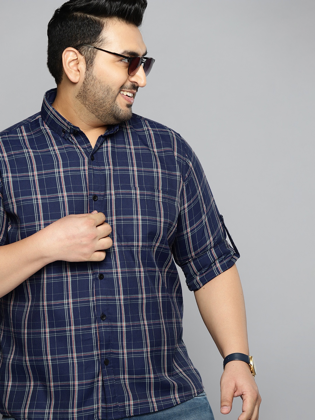 

DENNISON Plus Size Men Navy Blue & Off White Slim Fit Checked Pure Cotton Casual Shirt