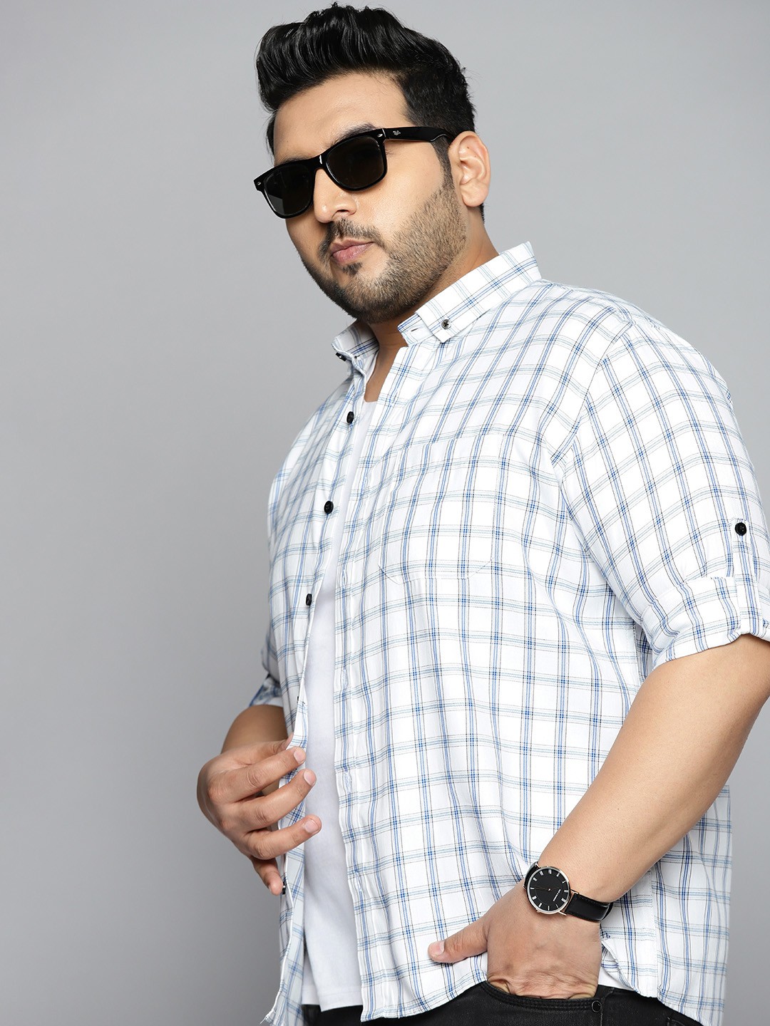 

DENNISON Plus Size Men White & Blue Slim Fit Checked Pure Cotton Casual Shirt