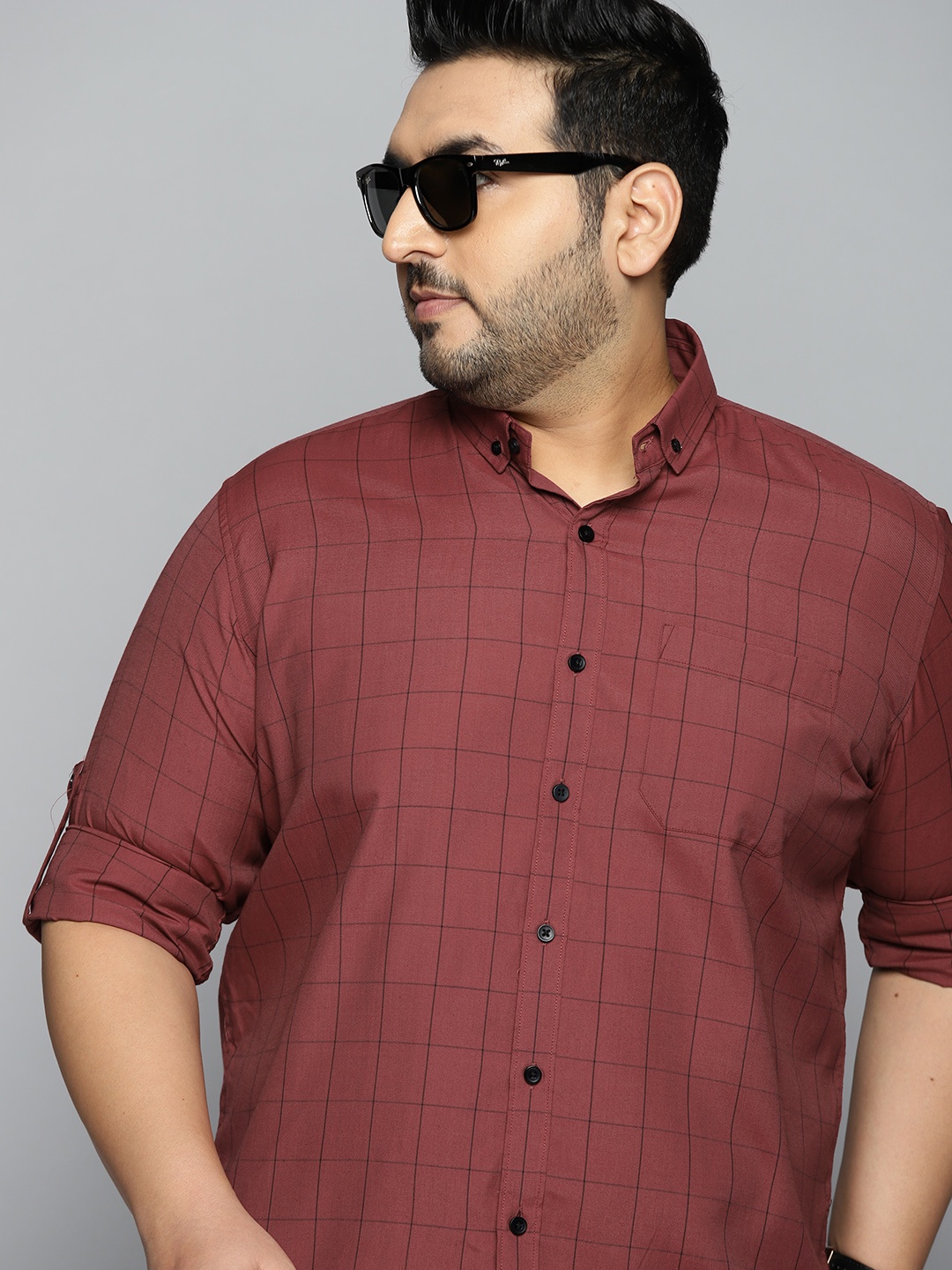 

DENNISON Plus Size Men Maroon & Black Slim Fit Checked Pure Cotton Casual Shirt