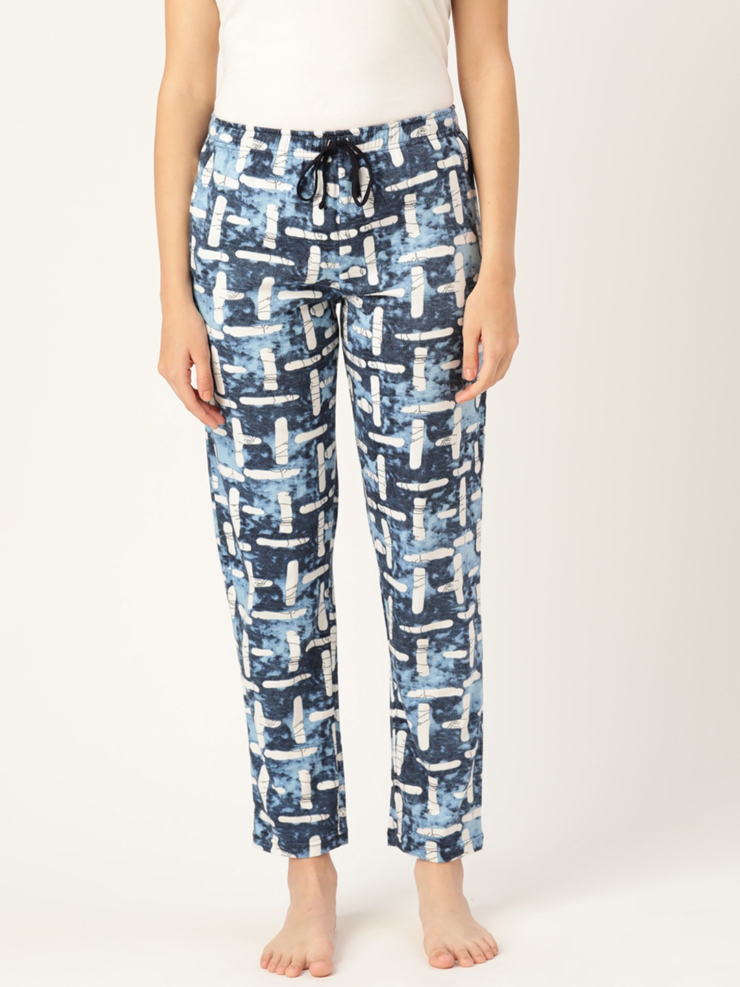 

Leading Lady Women Blue & White Printed Pure Cotton High-Rise Lounge Pants