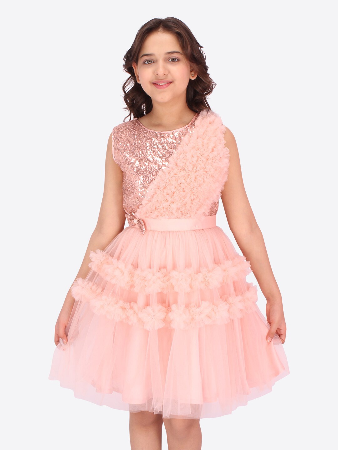 CUTECUMBER Peach-Coloured Embellished Net Dress