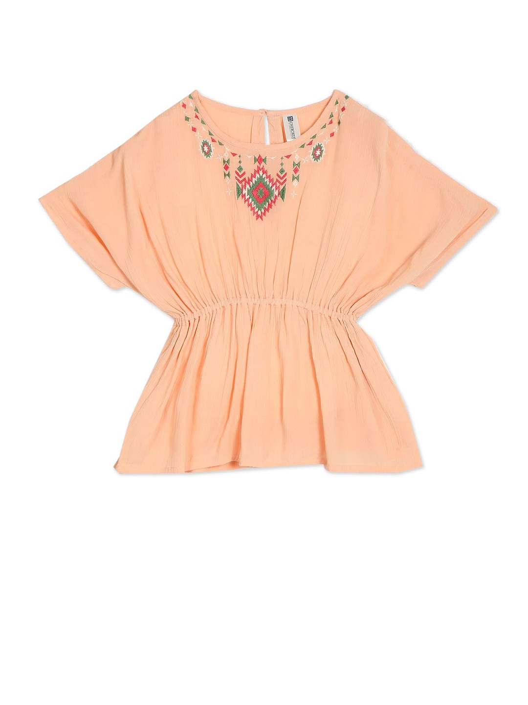 

Cherokee Peach-Coloured Embroidered Cinched Waist Top