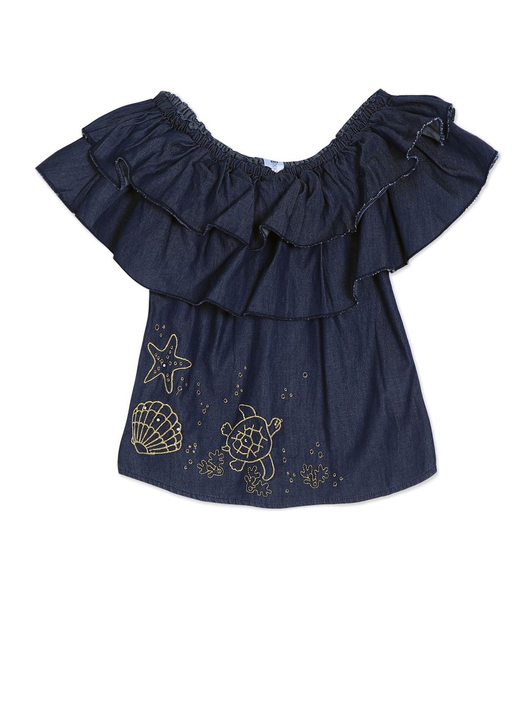 

Cherokee Navy Blue Floral Print Ruffles Layered Off Shoulder Top