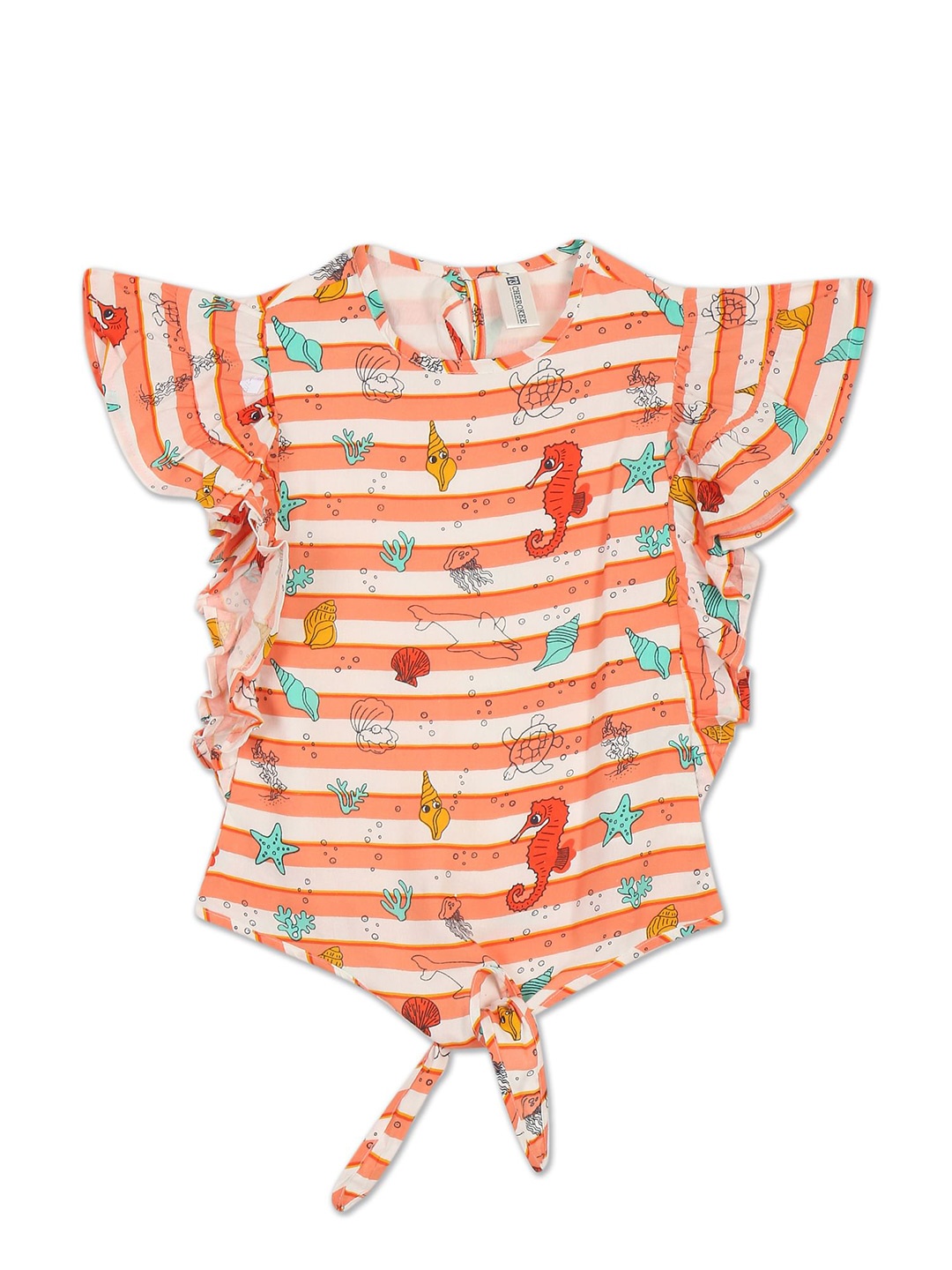 

Cherokee White Girls Striped & Printed Top with Tie-Up