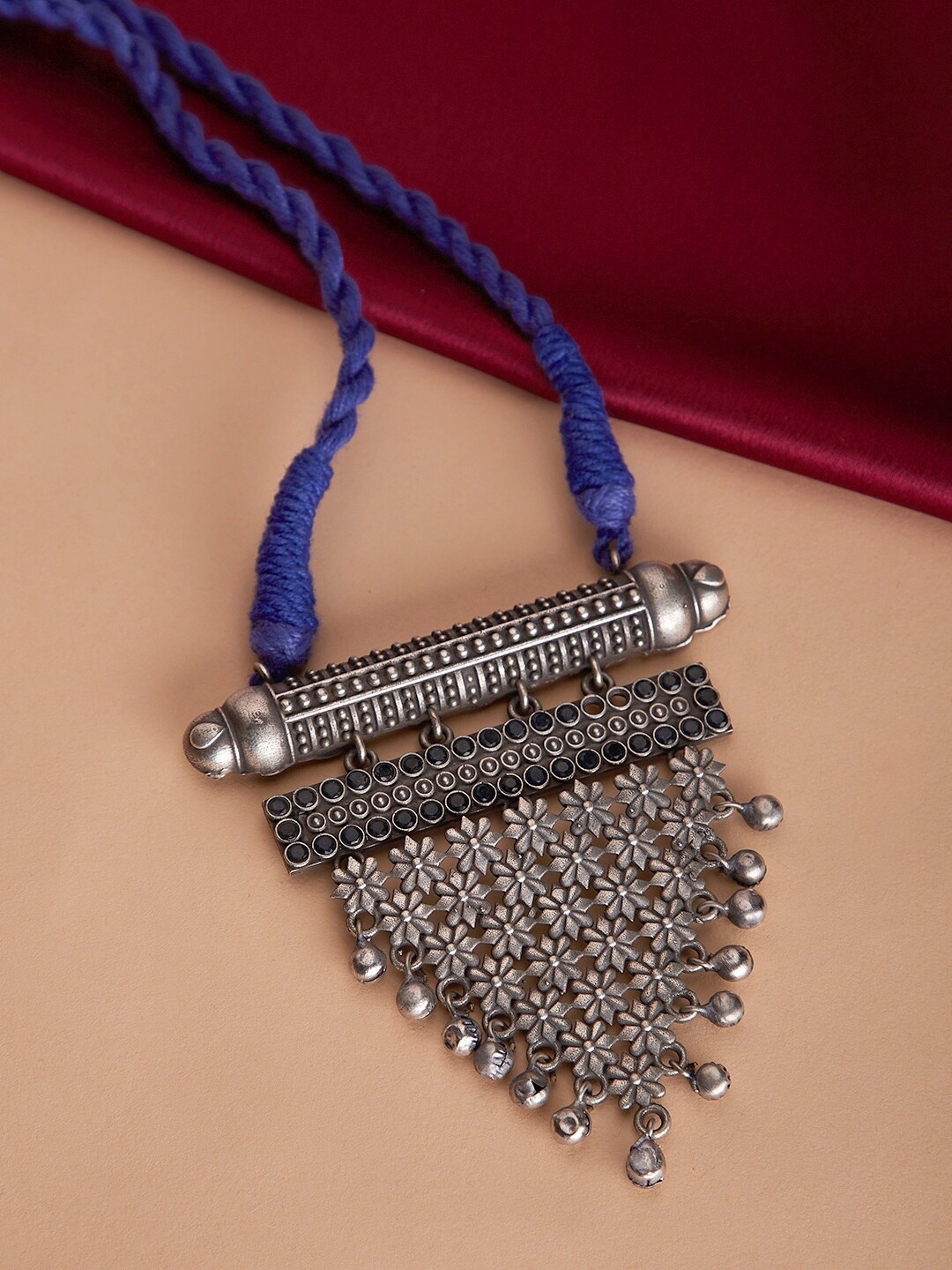 

GloBox By ZeroKaata Oxidised Silver-Plated Blue Stone Studded Brass Necklace
