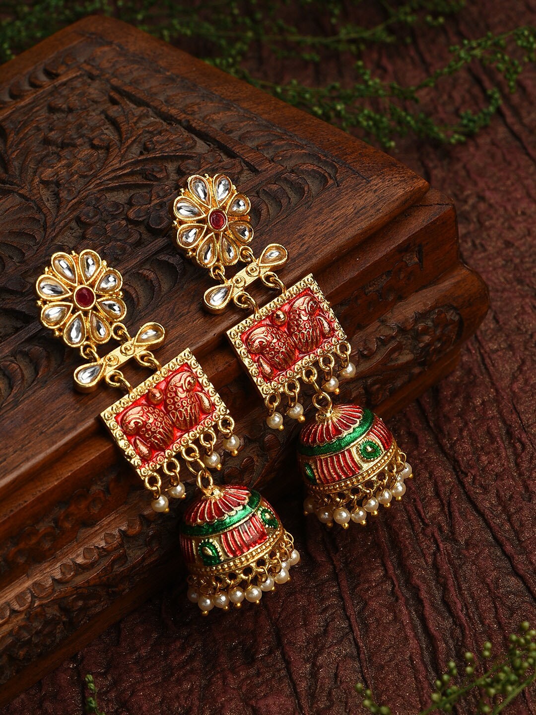 SOHI Gold-Toned & Red Dome Shaped Jhumkas Earrings