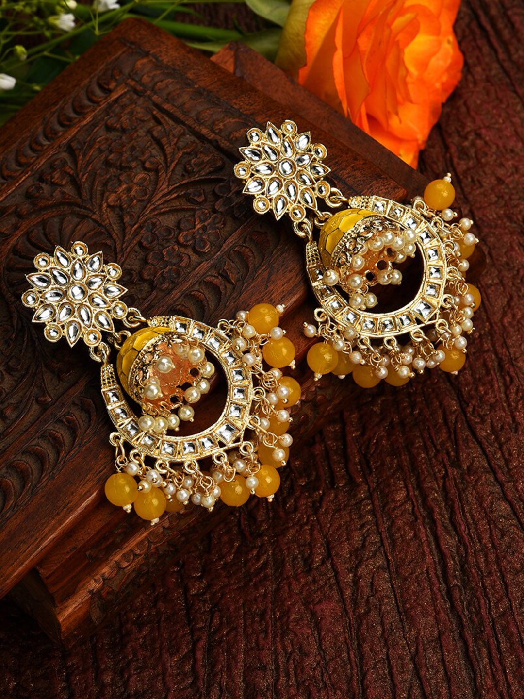 SOHI Gold-Plated Yellow & White Kundan Studded & Beaded Chandbalis Earrings