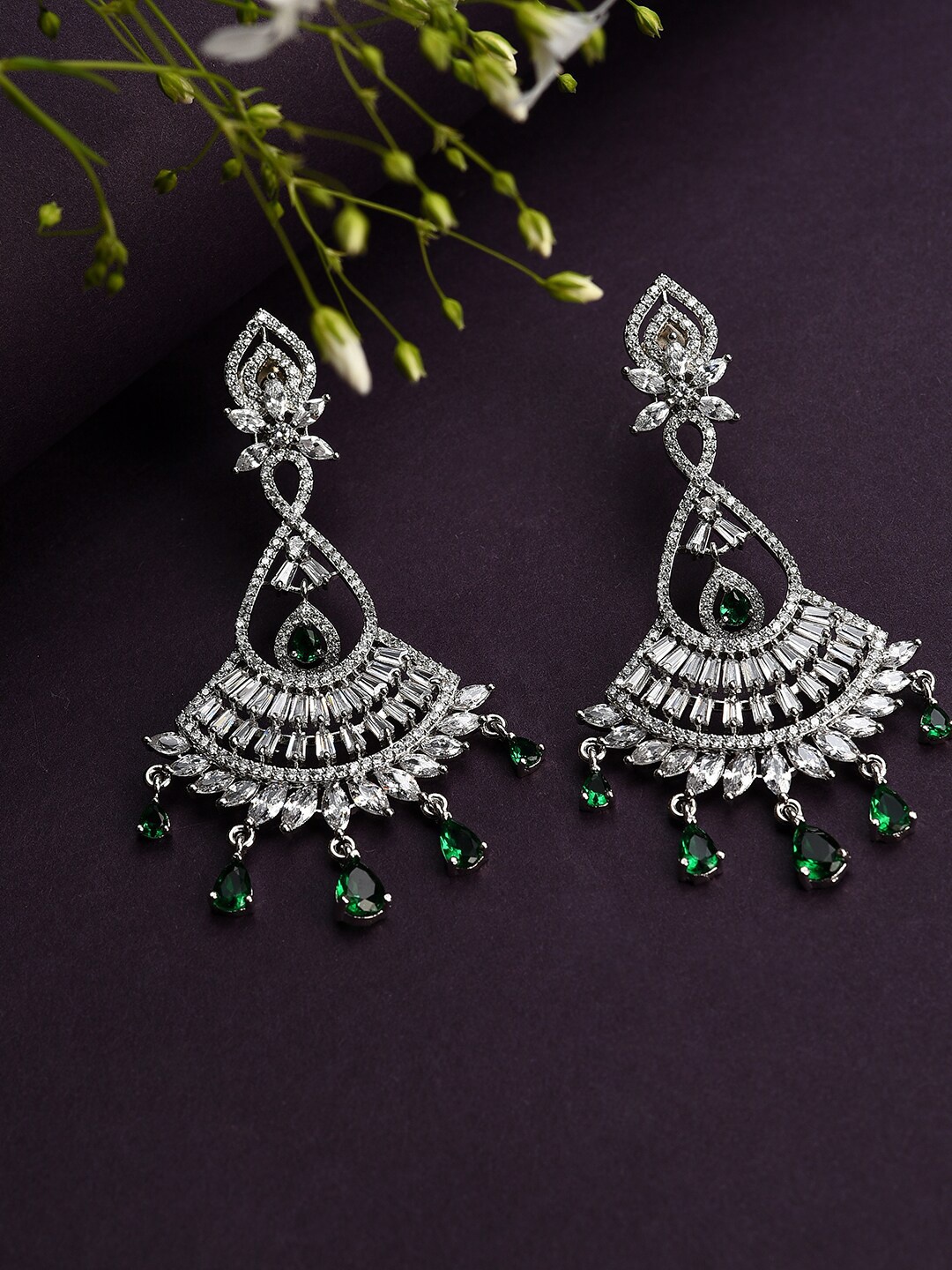 

SOHI Silver-Plated White & Green Stone Studded Drop Earrings