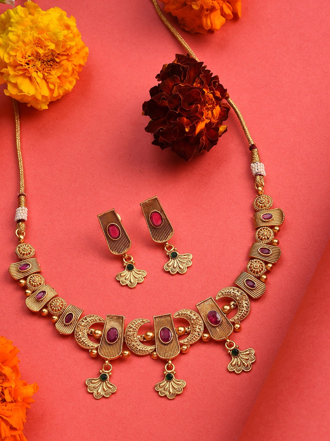 

SOHI Gold-Plated Pink & Green Stone-Studded Jewellery Set
