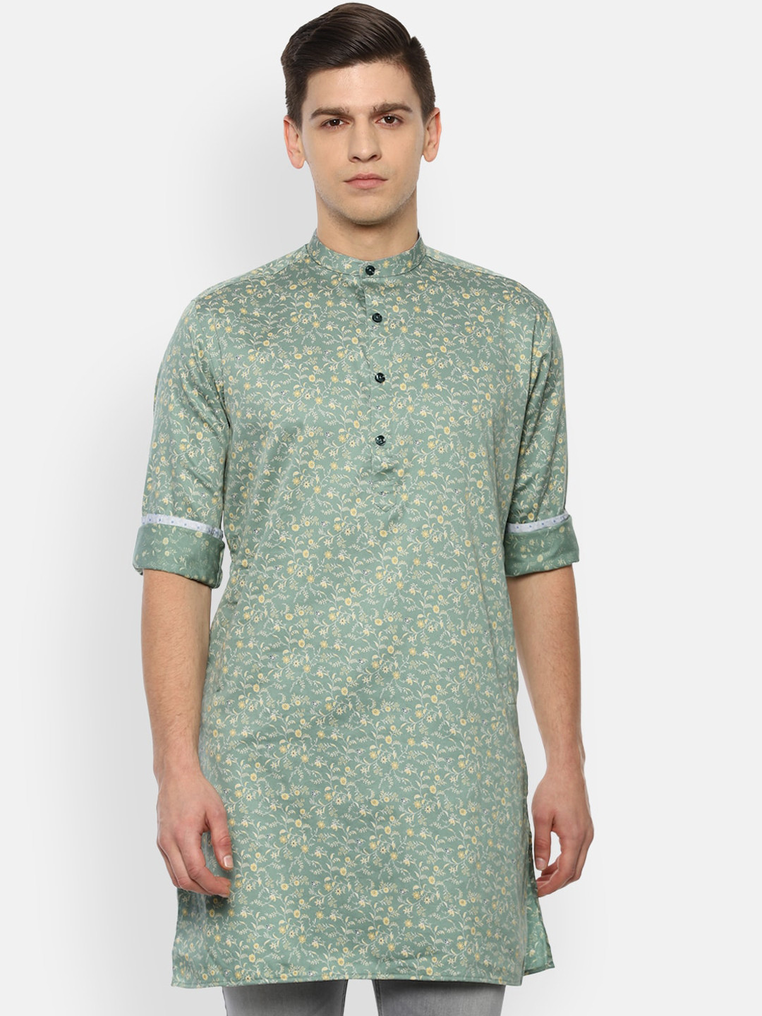 

V Dot Men Sage Green Floral Printed Cotton Kurta