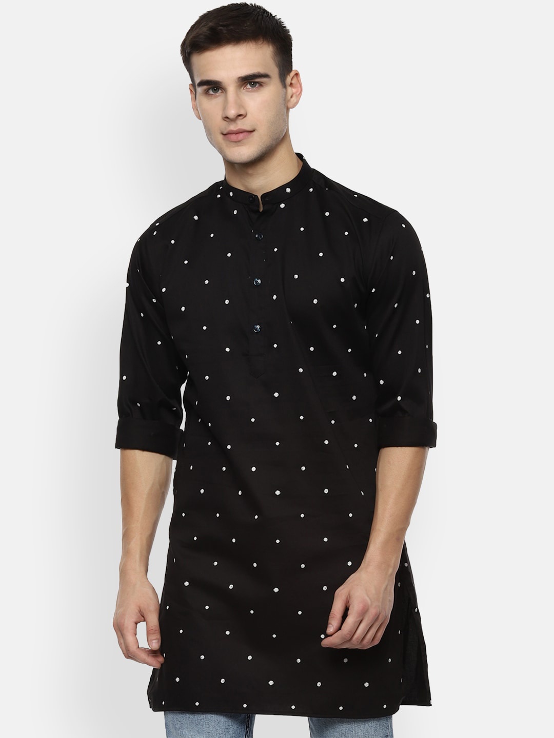 

V Dot Men Black & White Geometric Pure Cotton Kurta