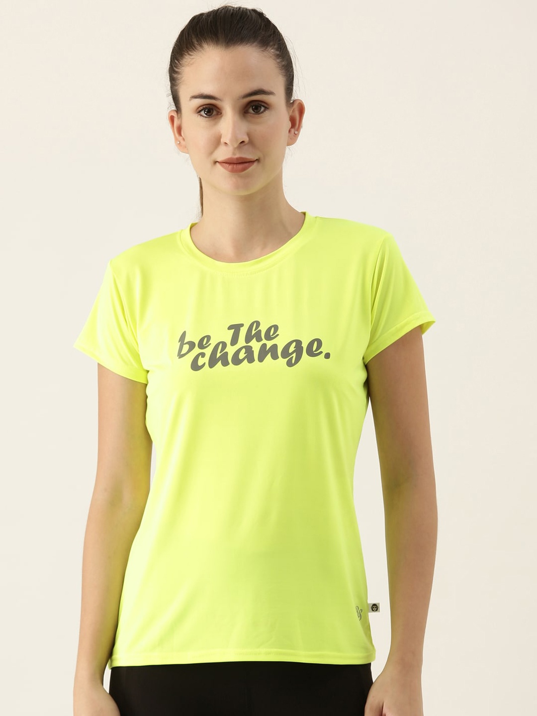 

Bannos Swagger Women Fluorescent Green Typography Printed Loose Running T-shirt