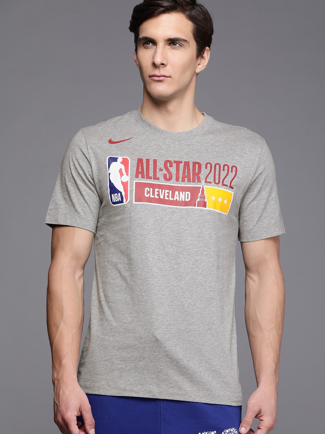 

Nike Men Grey Melange & Red Printed Pure Cotton All-Star Essential NBA Logo Basketball T-shirt