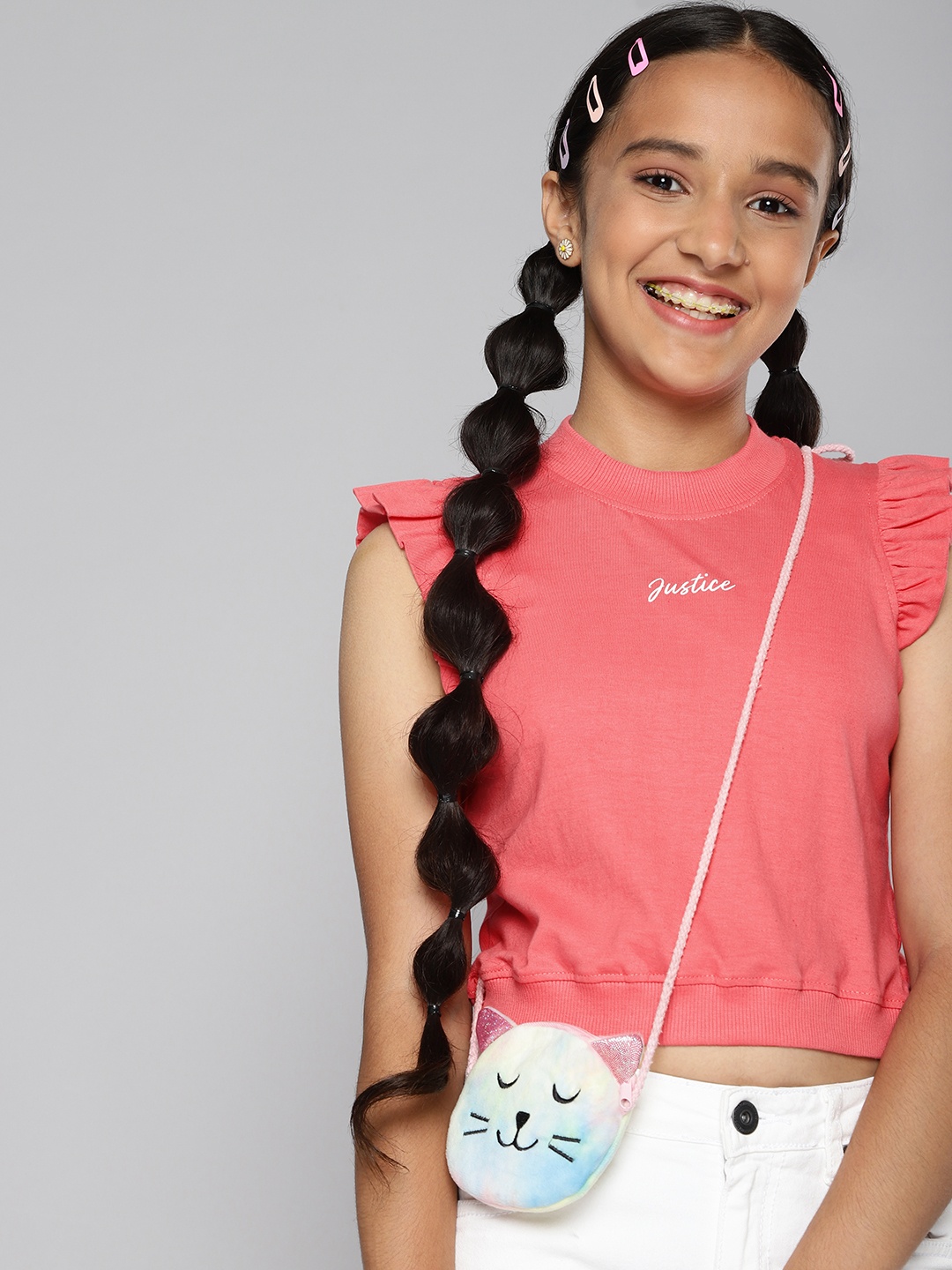 

JUSTICE Girls Pink Solid Pure Cotton Regular Top