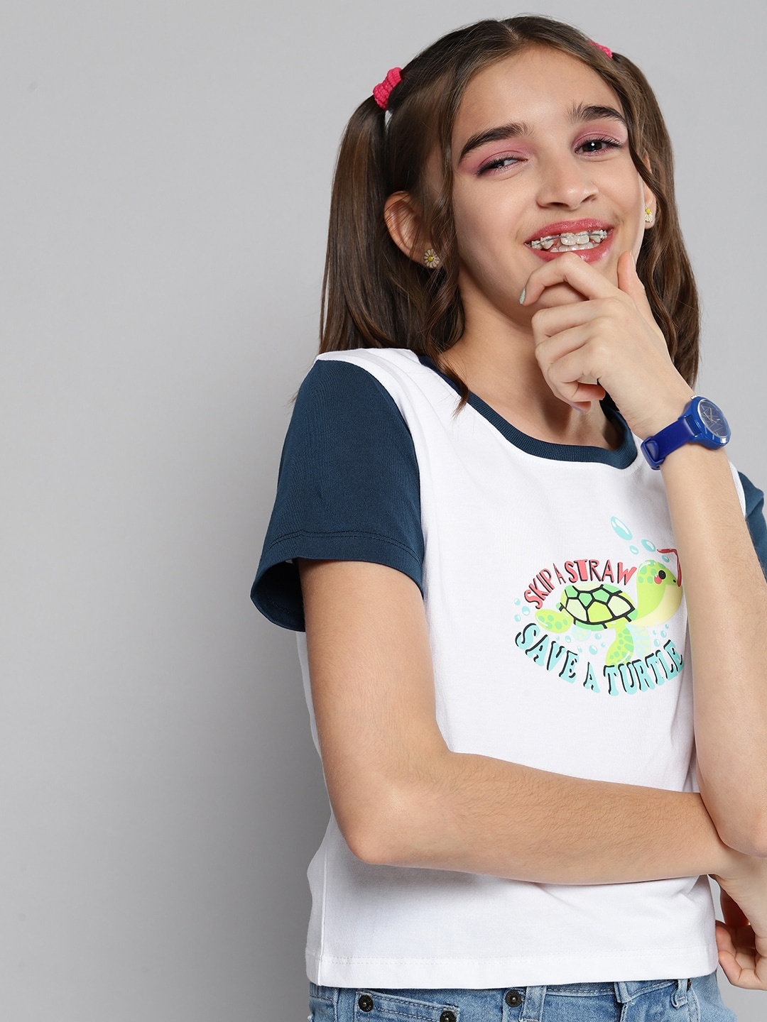 JUSTICE Girls White & Navy Blue Typography Printed Pure Cotton T-shirt