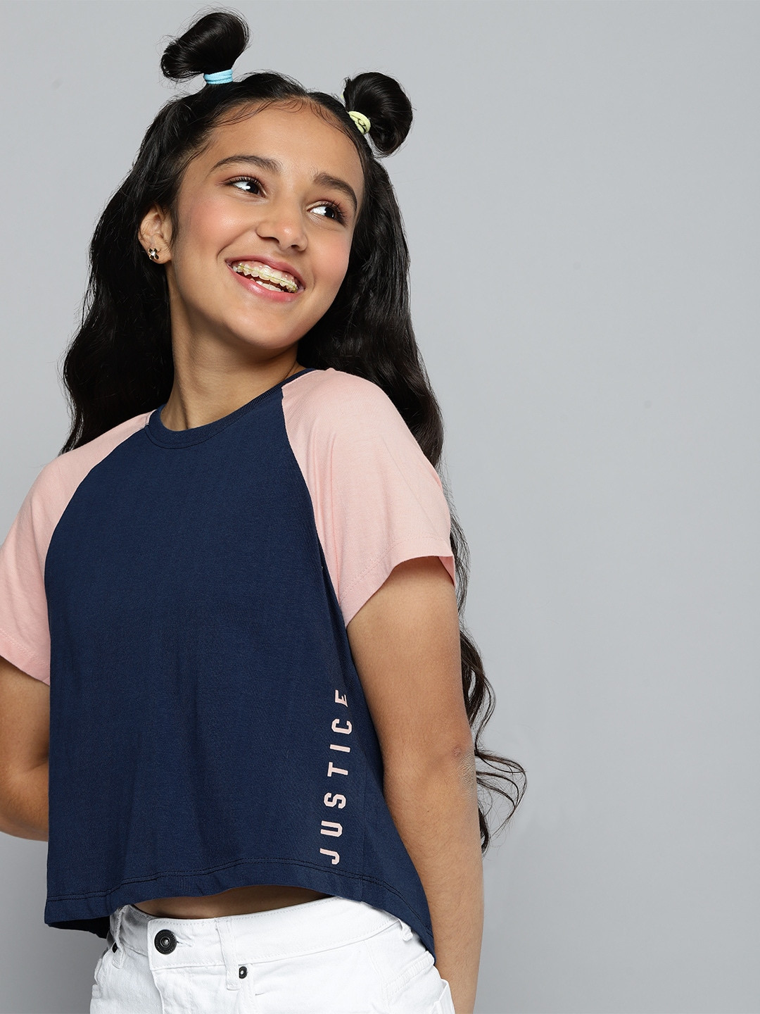 

JUSTICE Girls Blue & Peach-Coloured Colourblocked Pure Cotton T-shirt