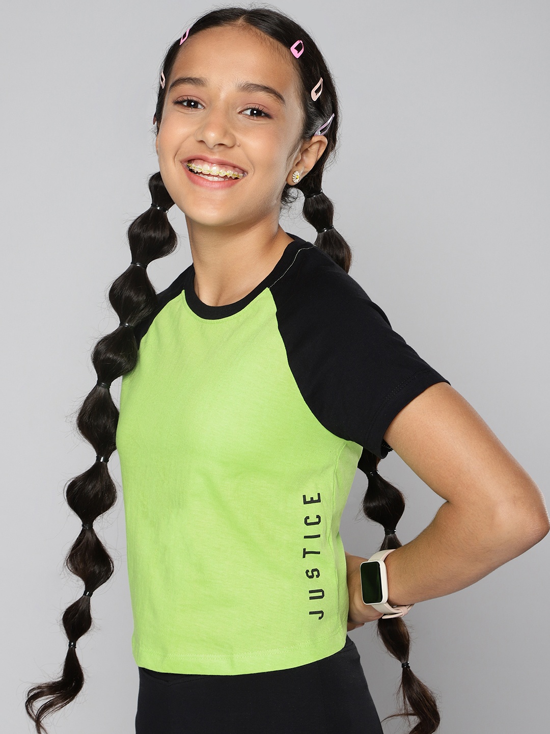 

JUSTICE Girls Green & Black Pure Cotton T-shirt