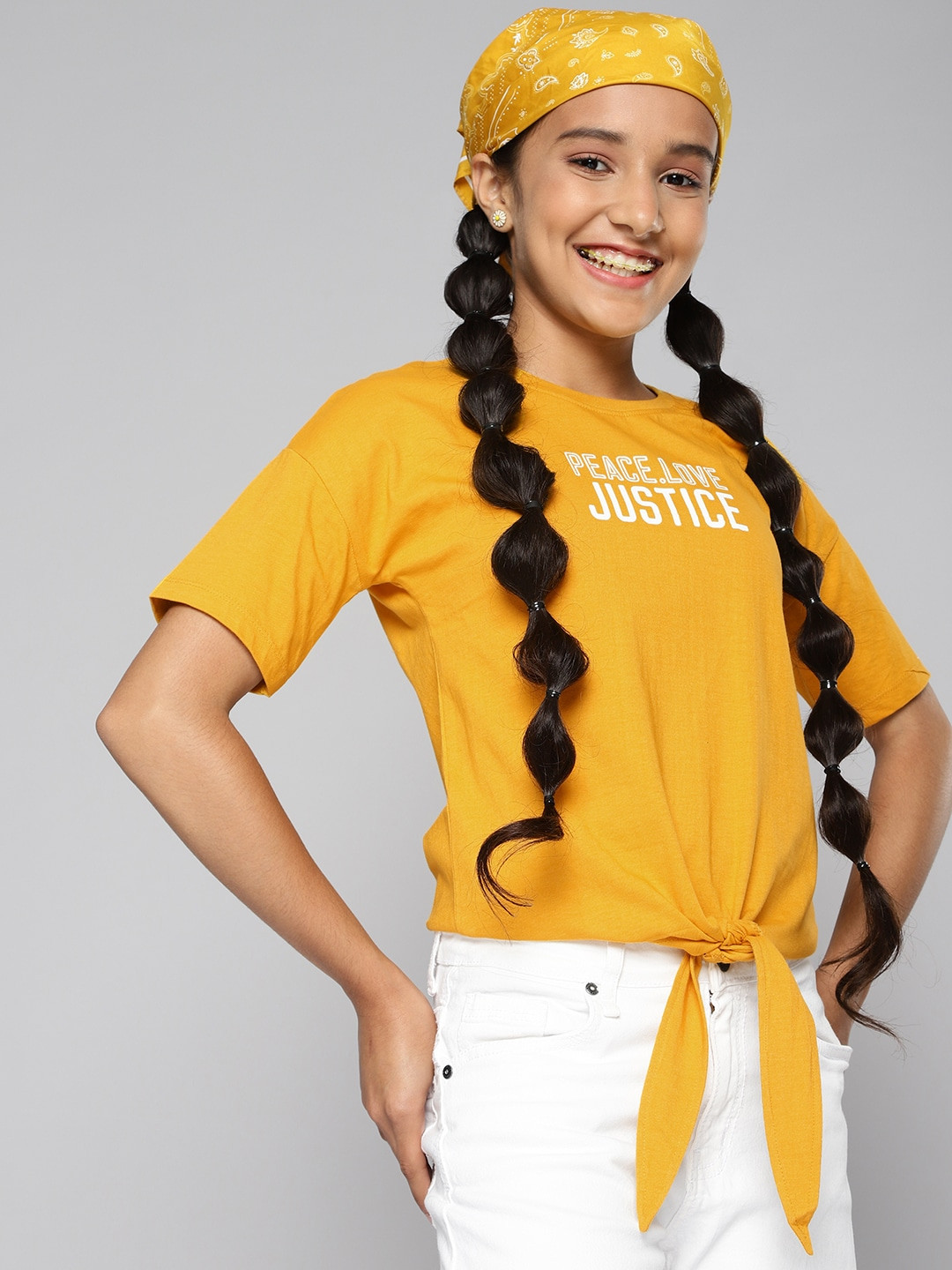 

JUSTICE Girls Yellow Typography Printed Pure Cotton T-shirt