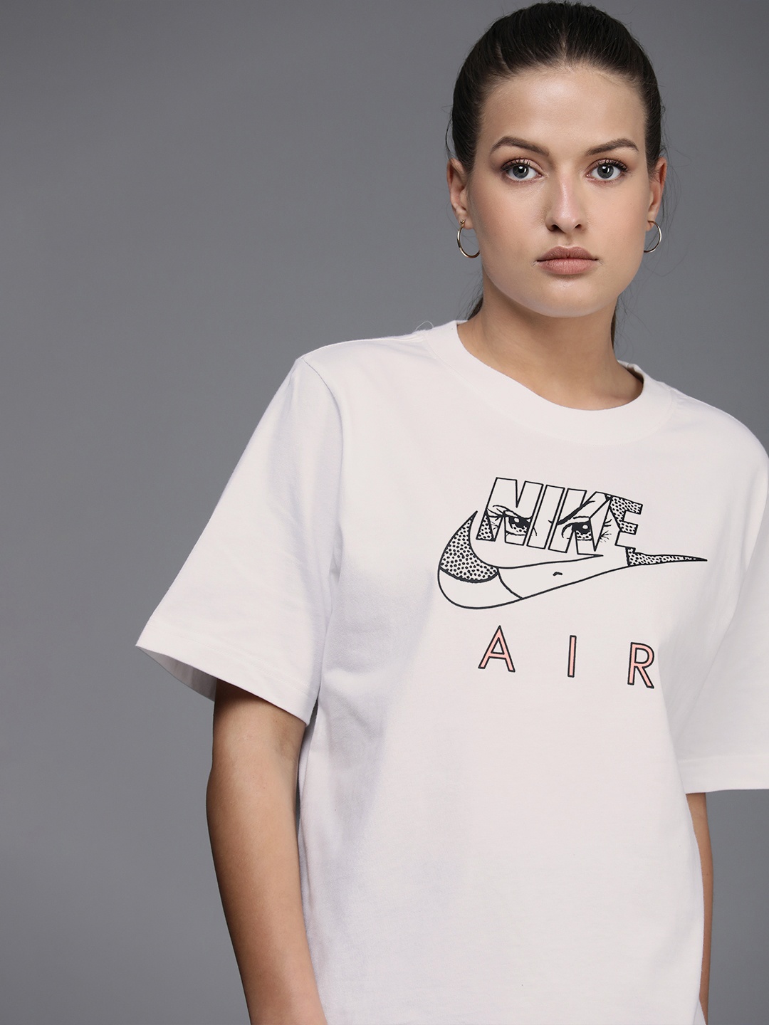 

Nike Women White & Black Brand Logo Printed Pure Cotton Extended Sleeves Boxy T-shirt