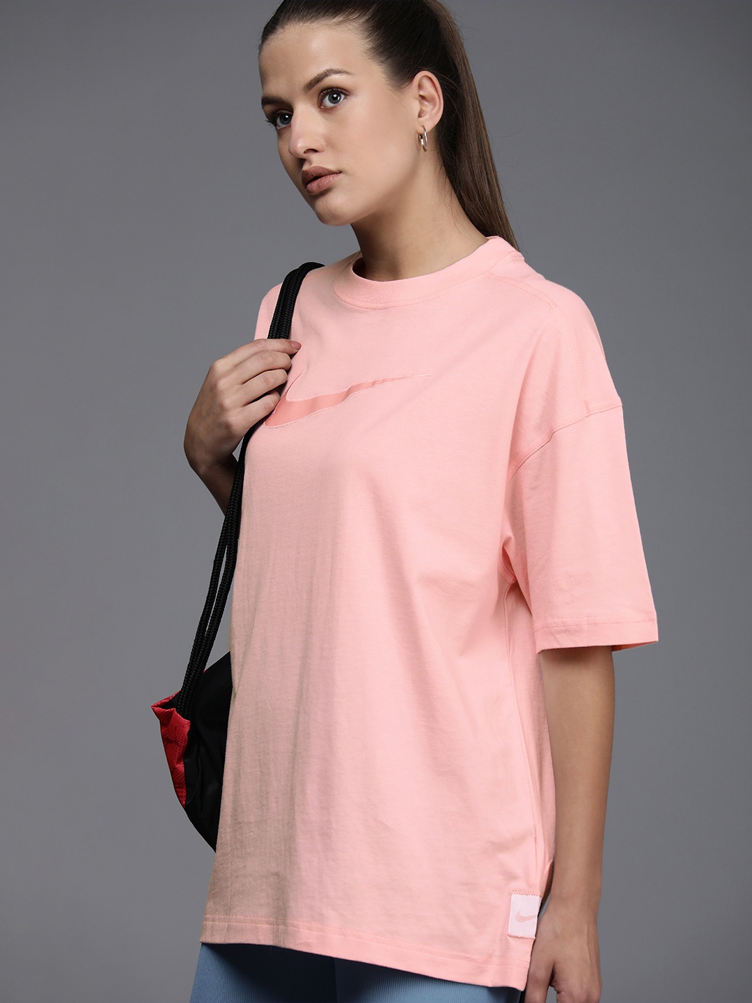 Nike Women Pink Solid Pure Cotton Swoosh Extended Sleeves Oversized T-Shirt