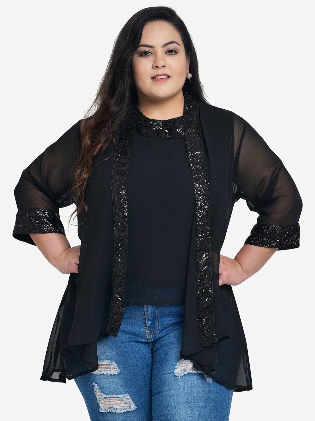 

wild U Plus Size Women Black Embellished Sheer Georgette Top with Shrug