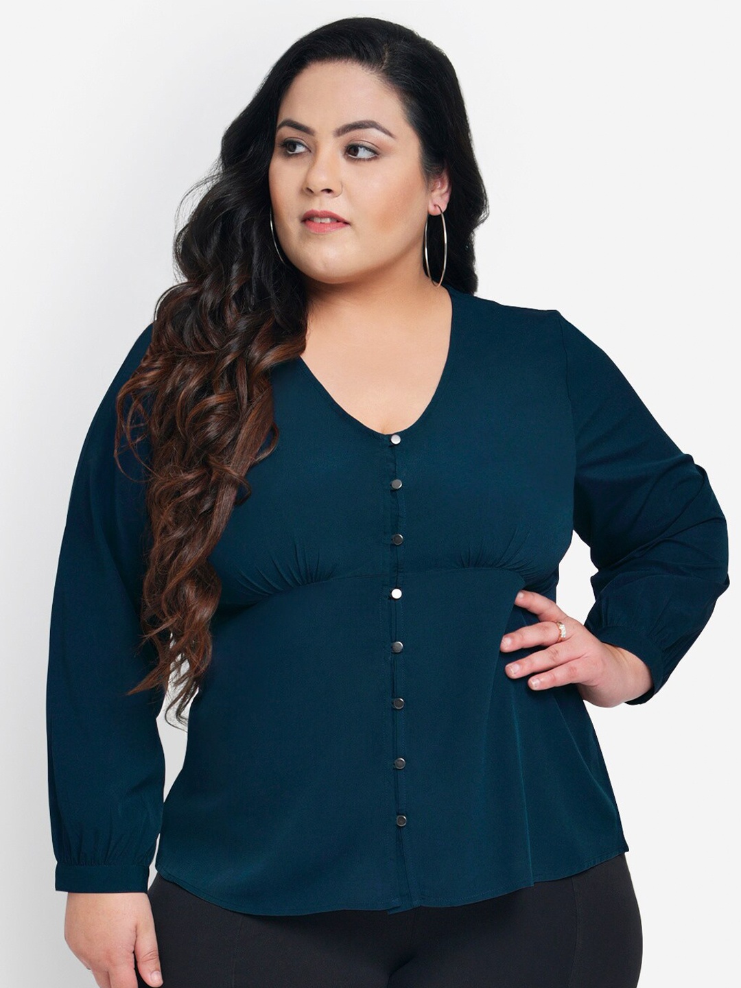 

wild U Plus Size Women Teal Blue Solid Boho Botton Top