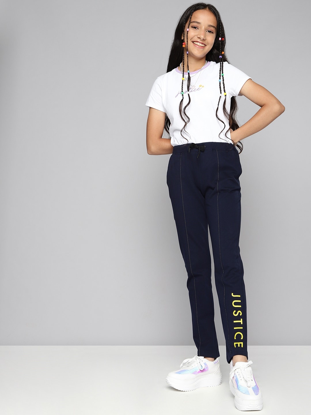 

JUSTICE Girls Navy Blue Solid Pure Cotton Track Pants