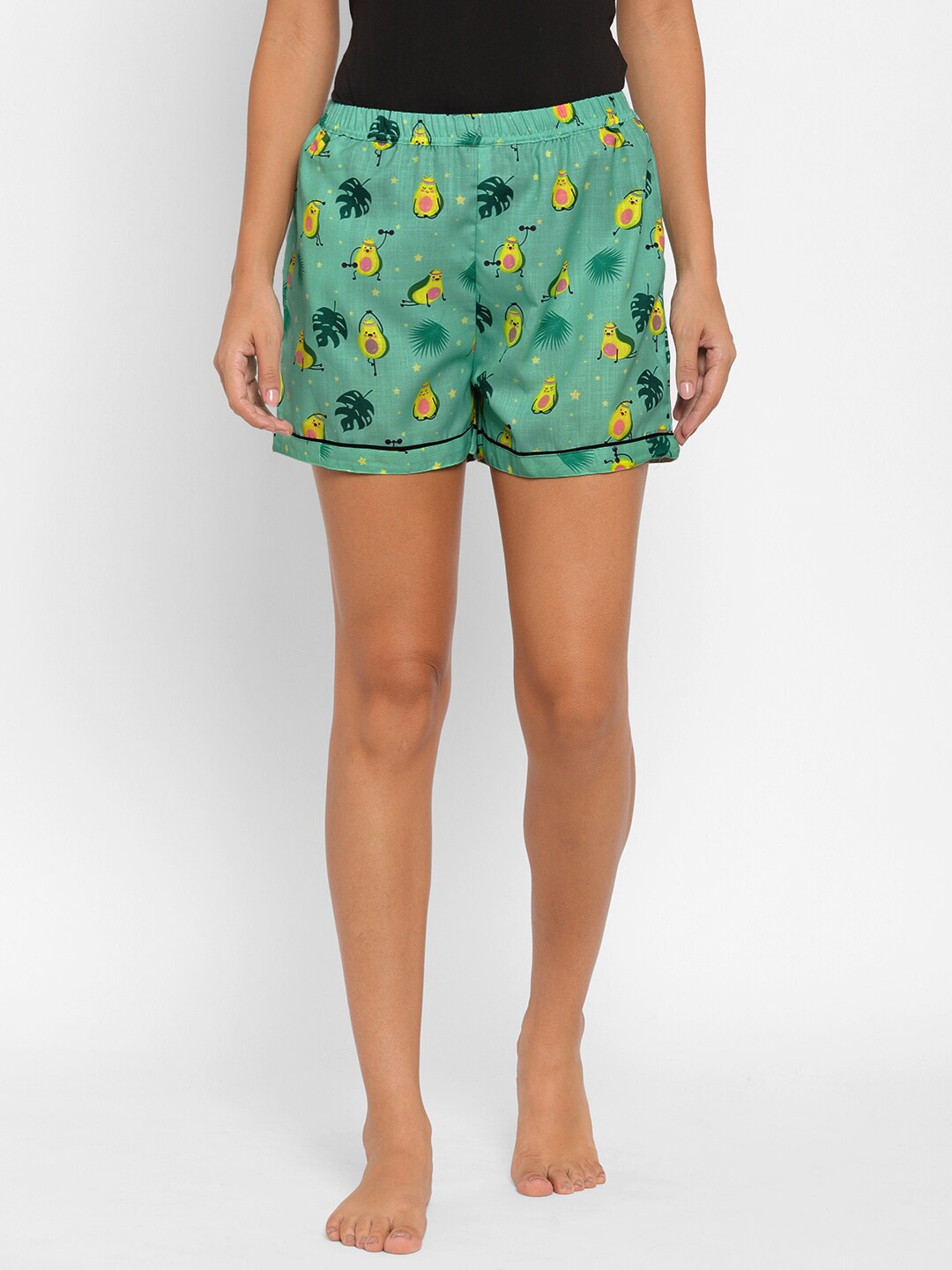 

NOIRA Women Green & Yellow Conversational Printed Cotton Lounge Shorts