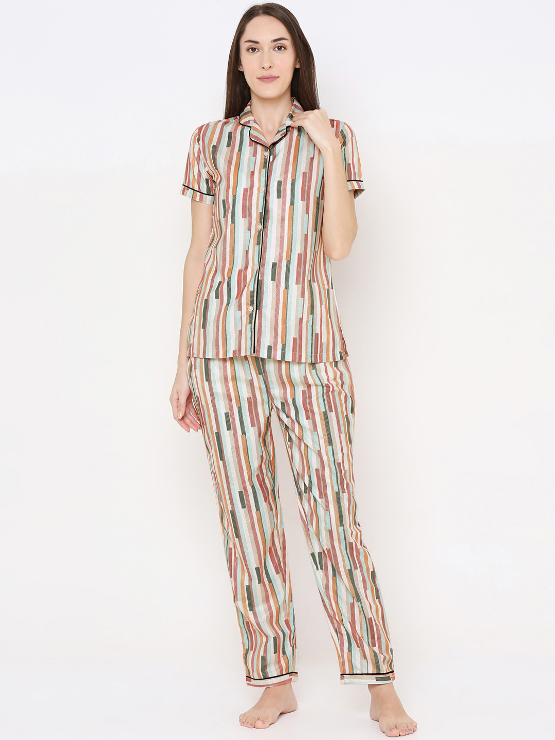 

NOIRA Women Red & White Striped Pure Cotton Night Suit