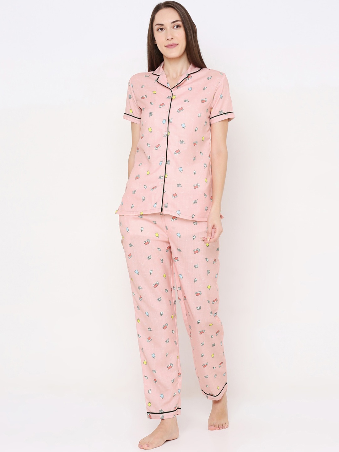 

NOIRA Women Pink Printed Pure Cotton Night suit
