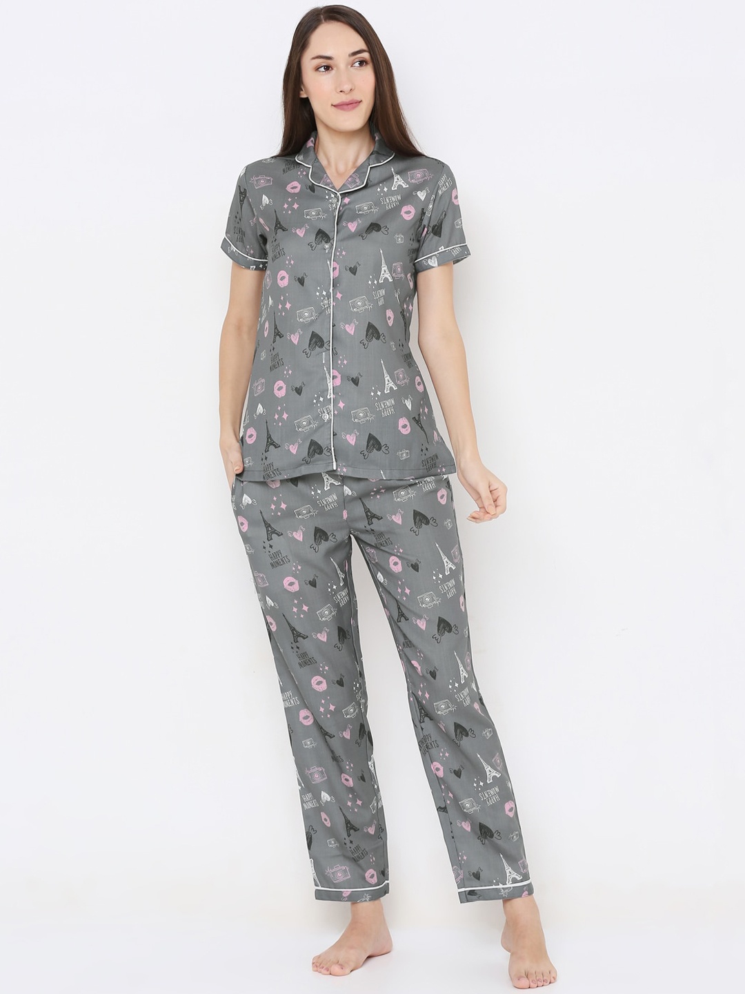 

NOIRA Women Grey & Pink Graphic Printed Pure Cotton Night suits
