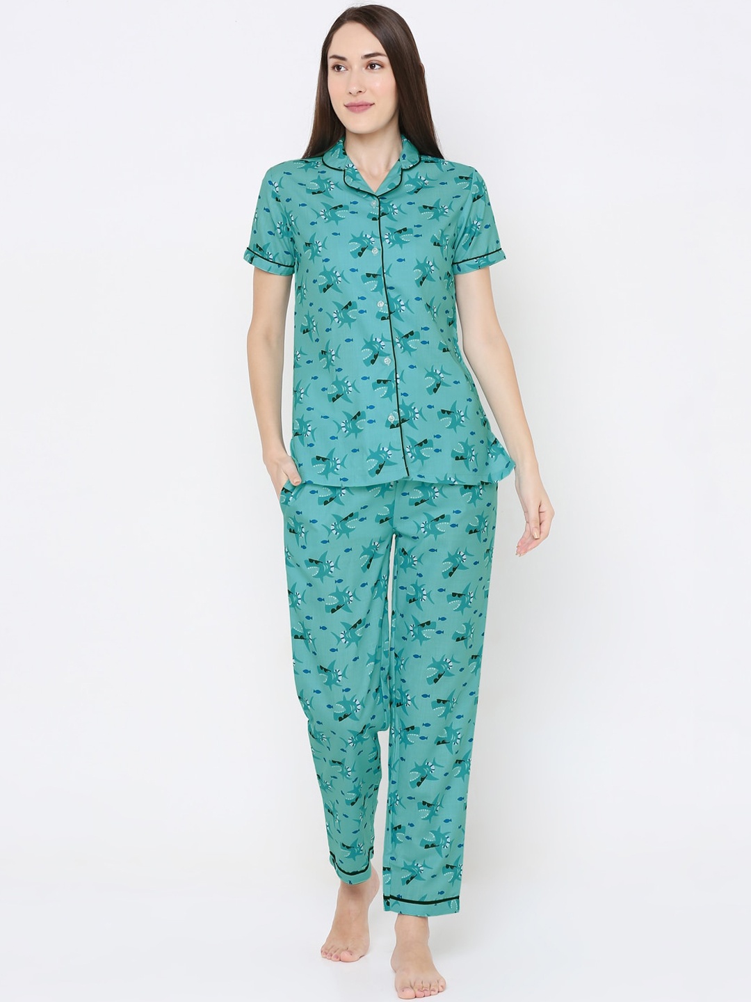 

NOIRA Women Green & Black Printed Night suit