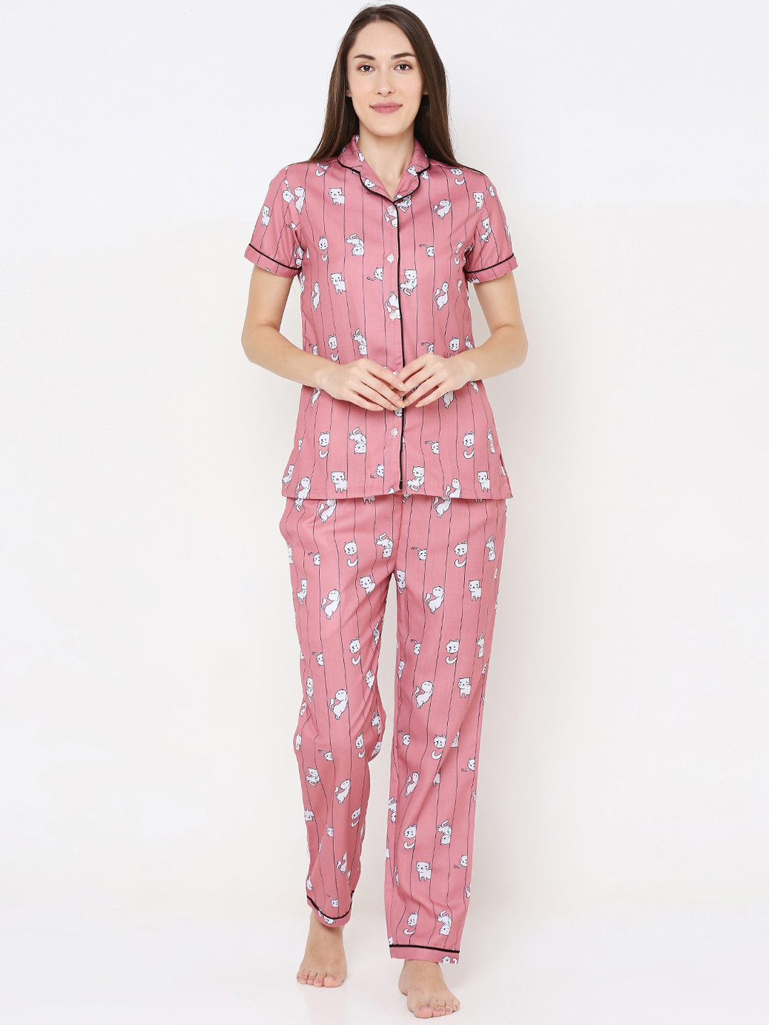 

NOIRA Women Pink & White Printed Pure Cotton Night Suit