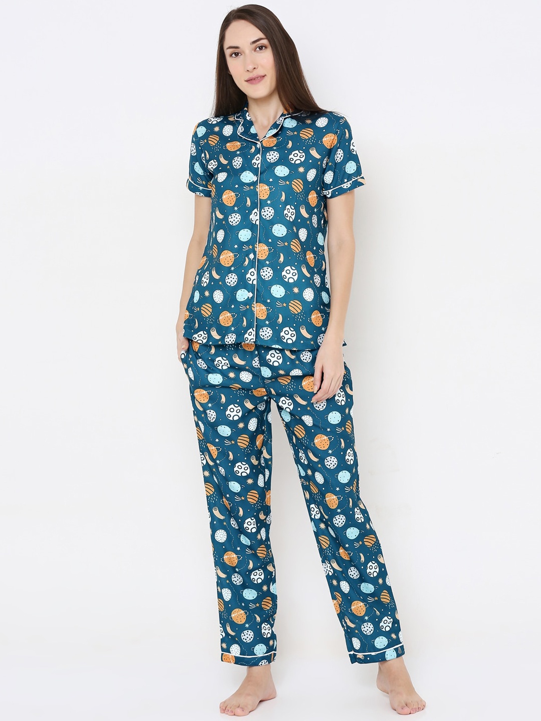 

NOIRA Women Navy Blue & White Printed Pure Cotton Night suit