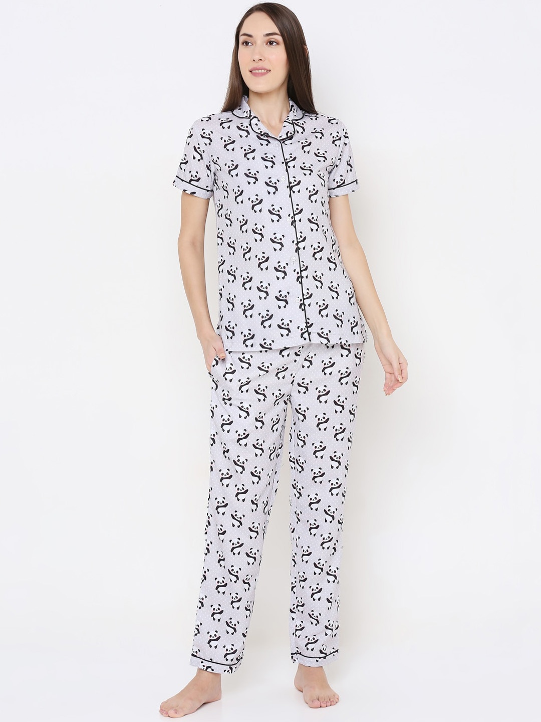 NOIRA Women Grey Graphic Printed Pure Cotton Night suits