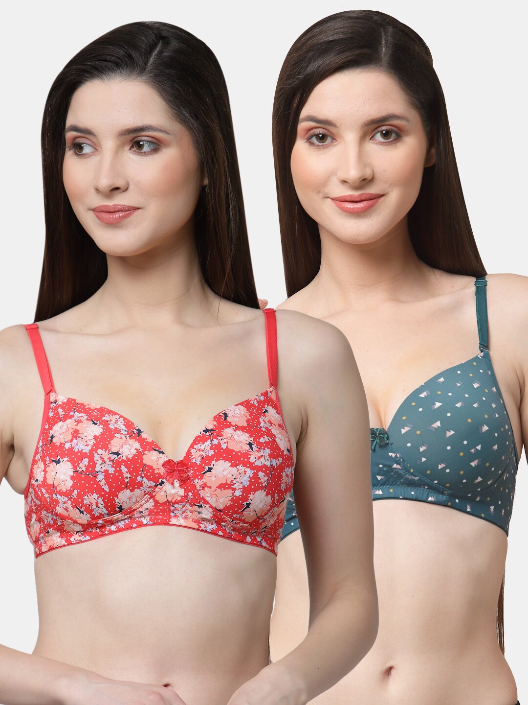 

Floret Red & Teal Green Pack of 2 Floral Printed Lightly Padded Non-Wired Push-Up Bra