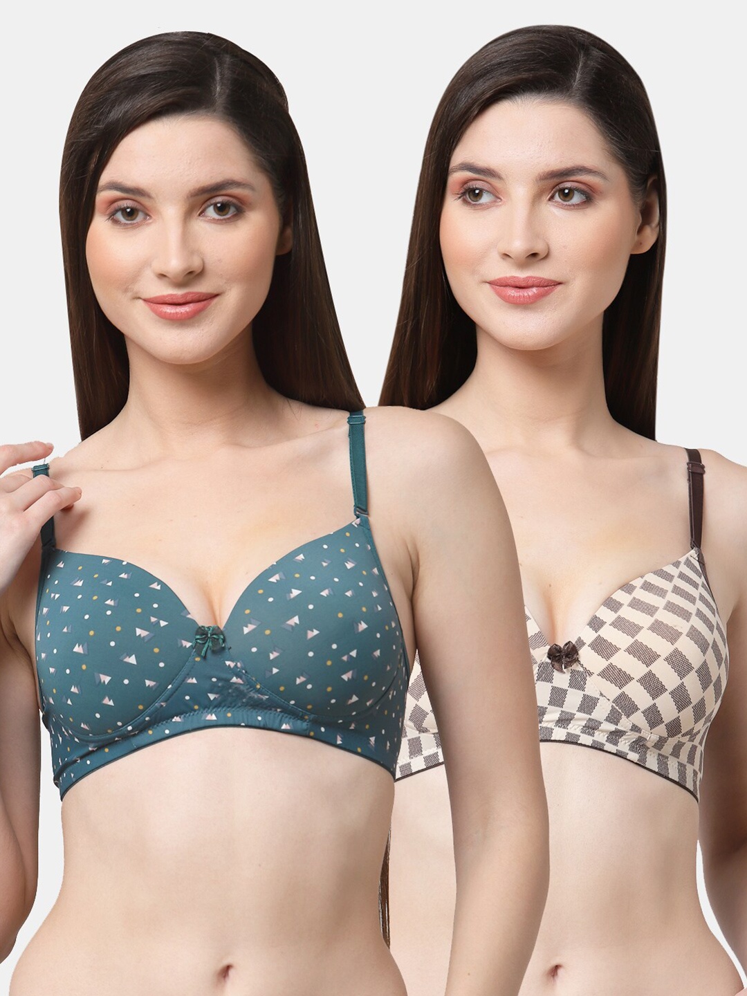 

Floret Pack Of 2 Teal Blue & Cream-Coloured Geometric Bra Lightly Padded
