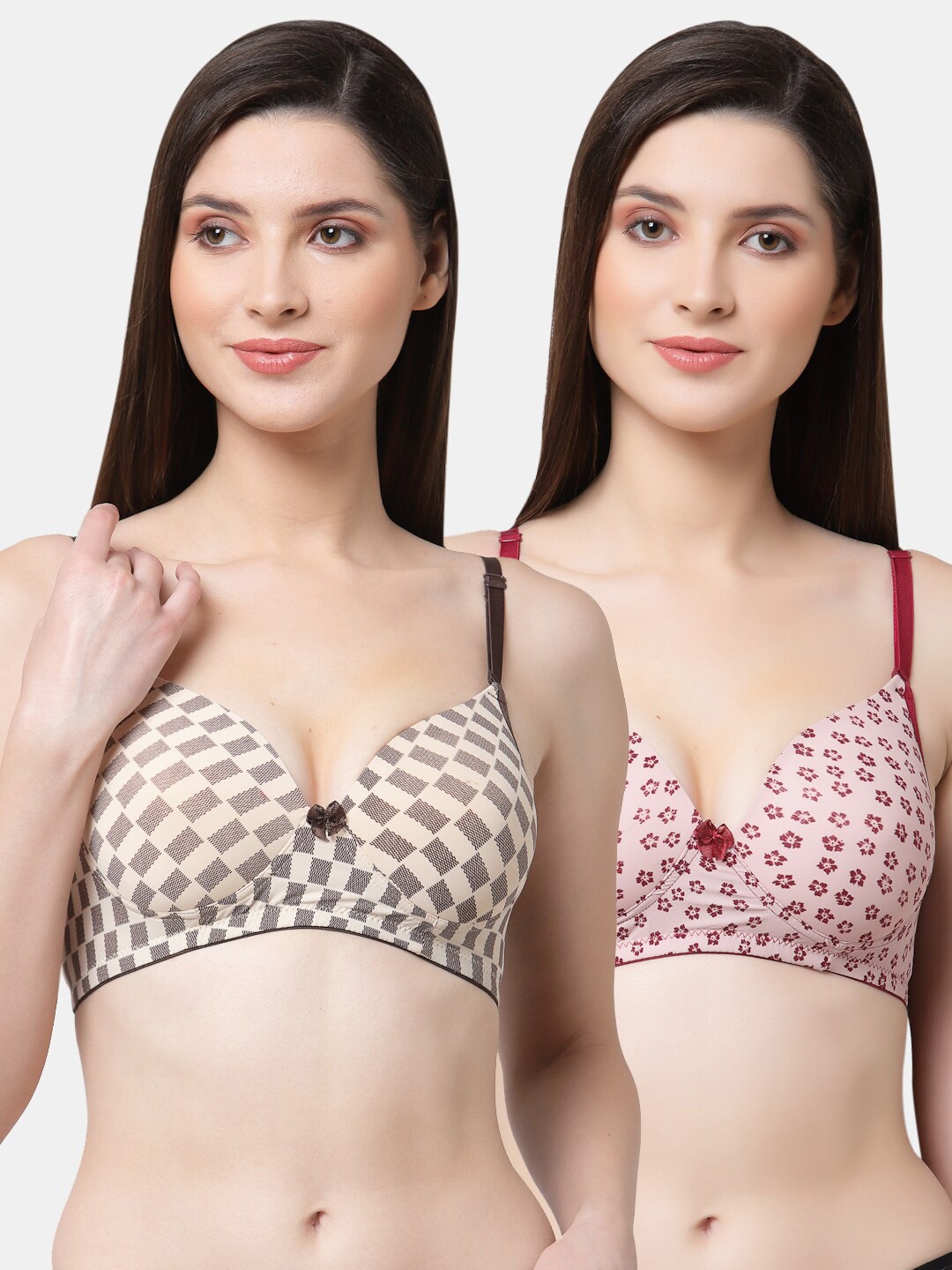 

Floret Pack Of 2 Cream-Coloured & Red Printed Lightly Padded Push-Up Bra