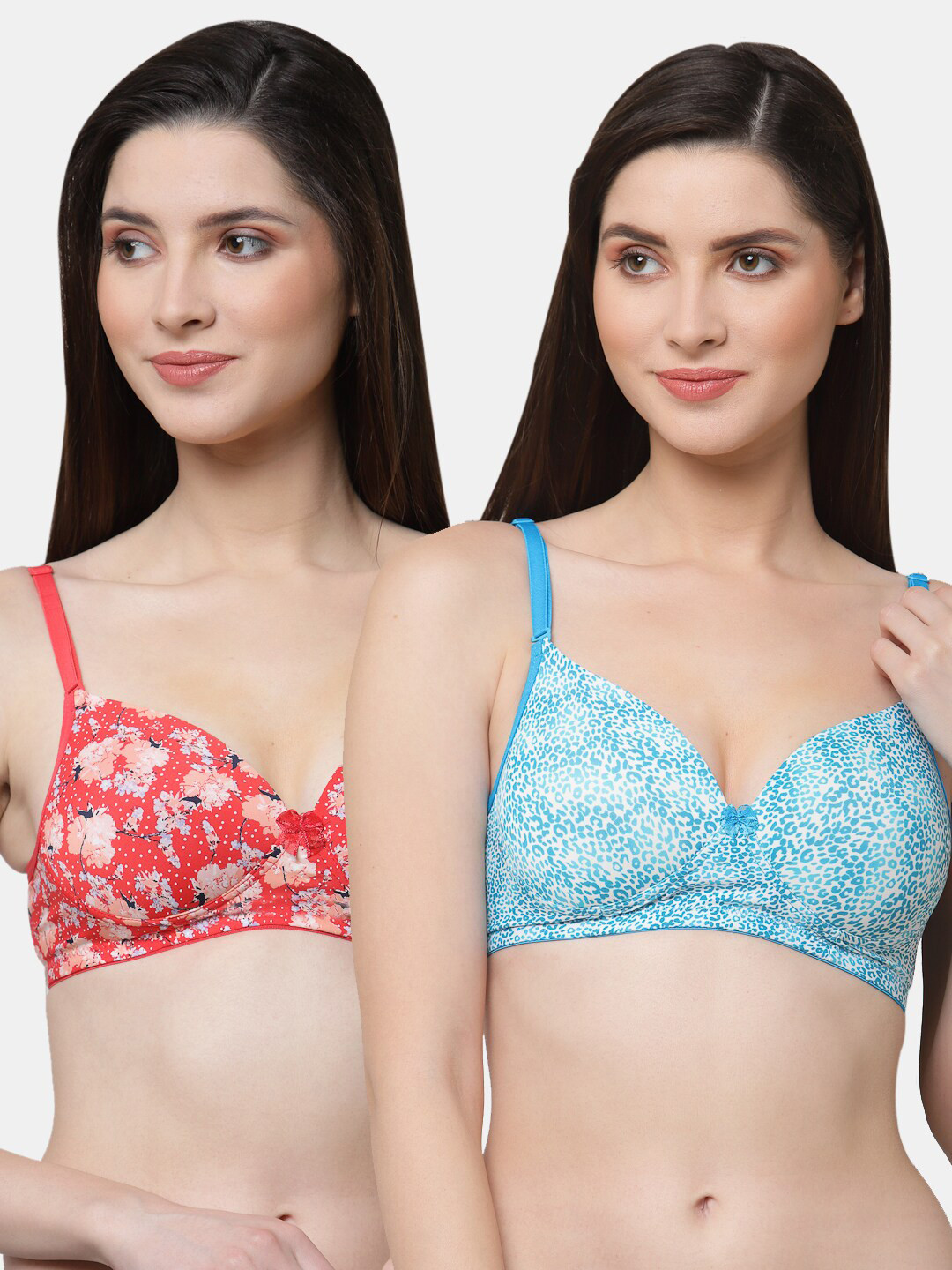 

Floret Blue & Red Pack of 2 Floral Printed Lightly Padded Non-Wired Push-Up Bra