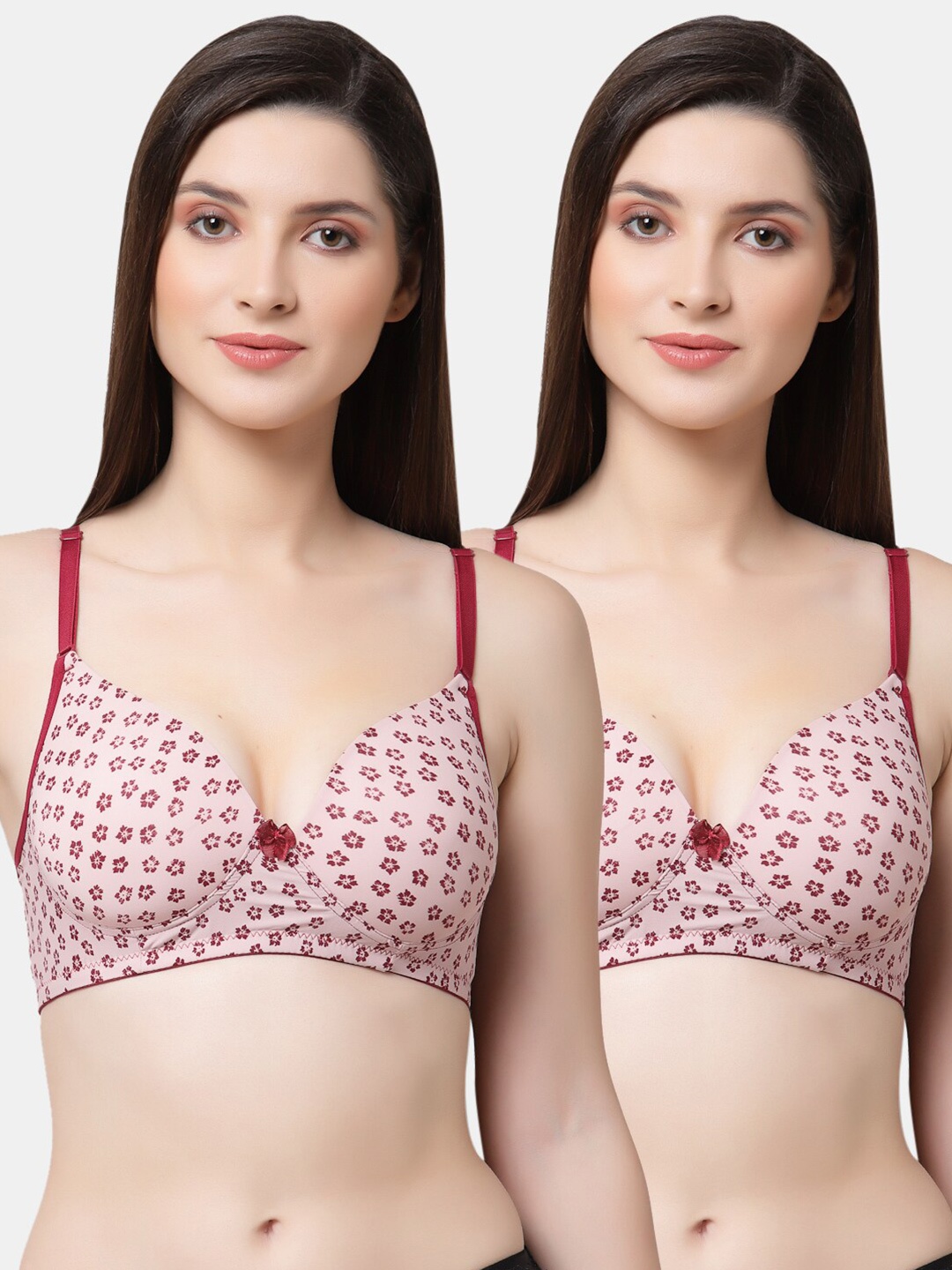 

Floret Peach-Coloured & Maroon Floral Bra Lightly Padded