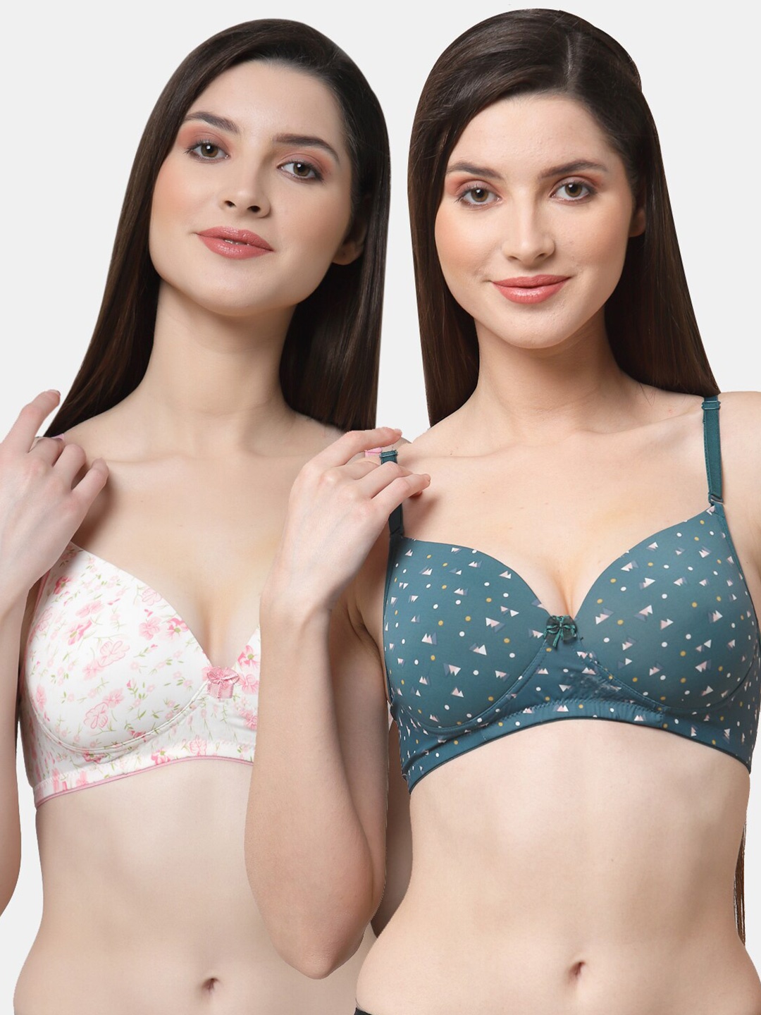 

Floret White & Teal Blue Pack Of 2 Floral Printed Lightly-Padded Push-Up Bra