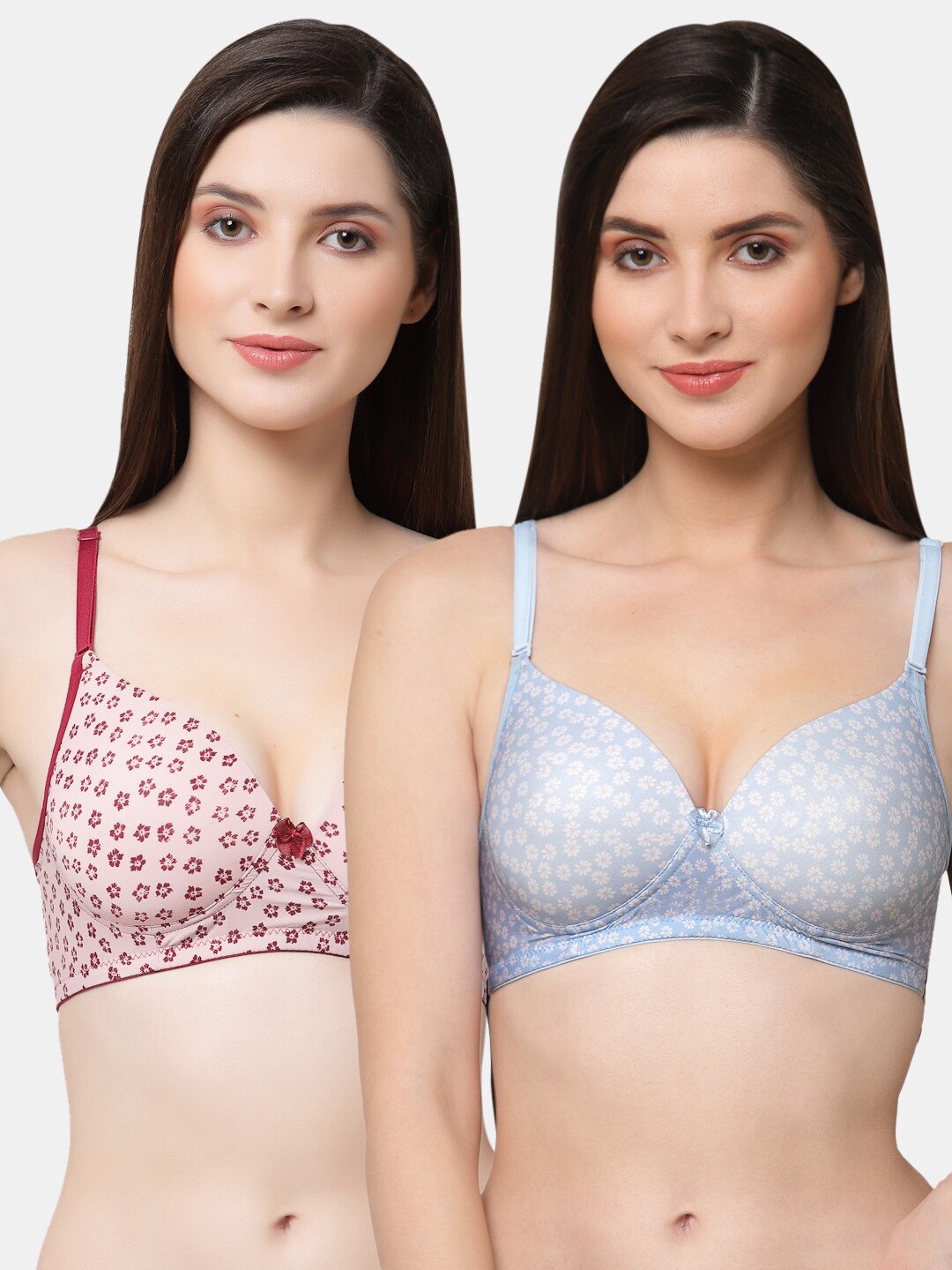 

Floret Blue & Maroon Pack of 2 Floral Printed Lightly Padded Non Wired Push-Up Bra