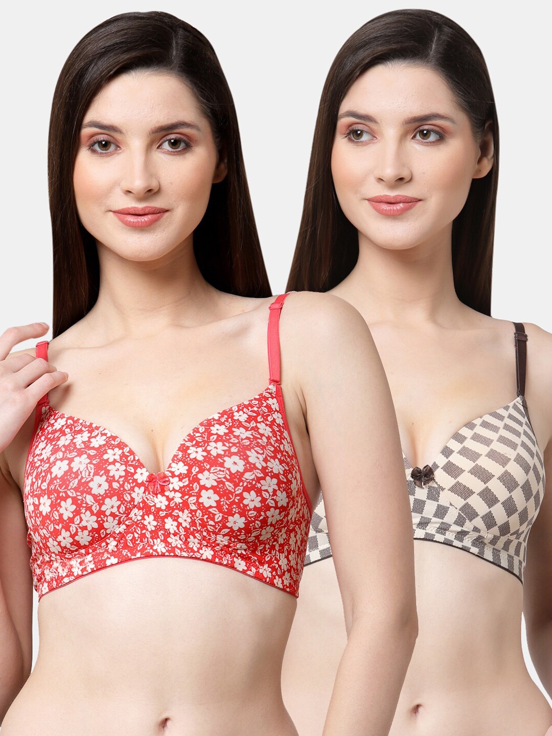 

Floret Pack Of 2 Red & Brown Floral Bra - Lightly Padded