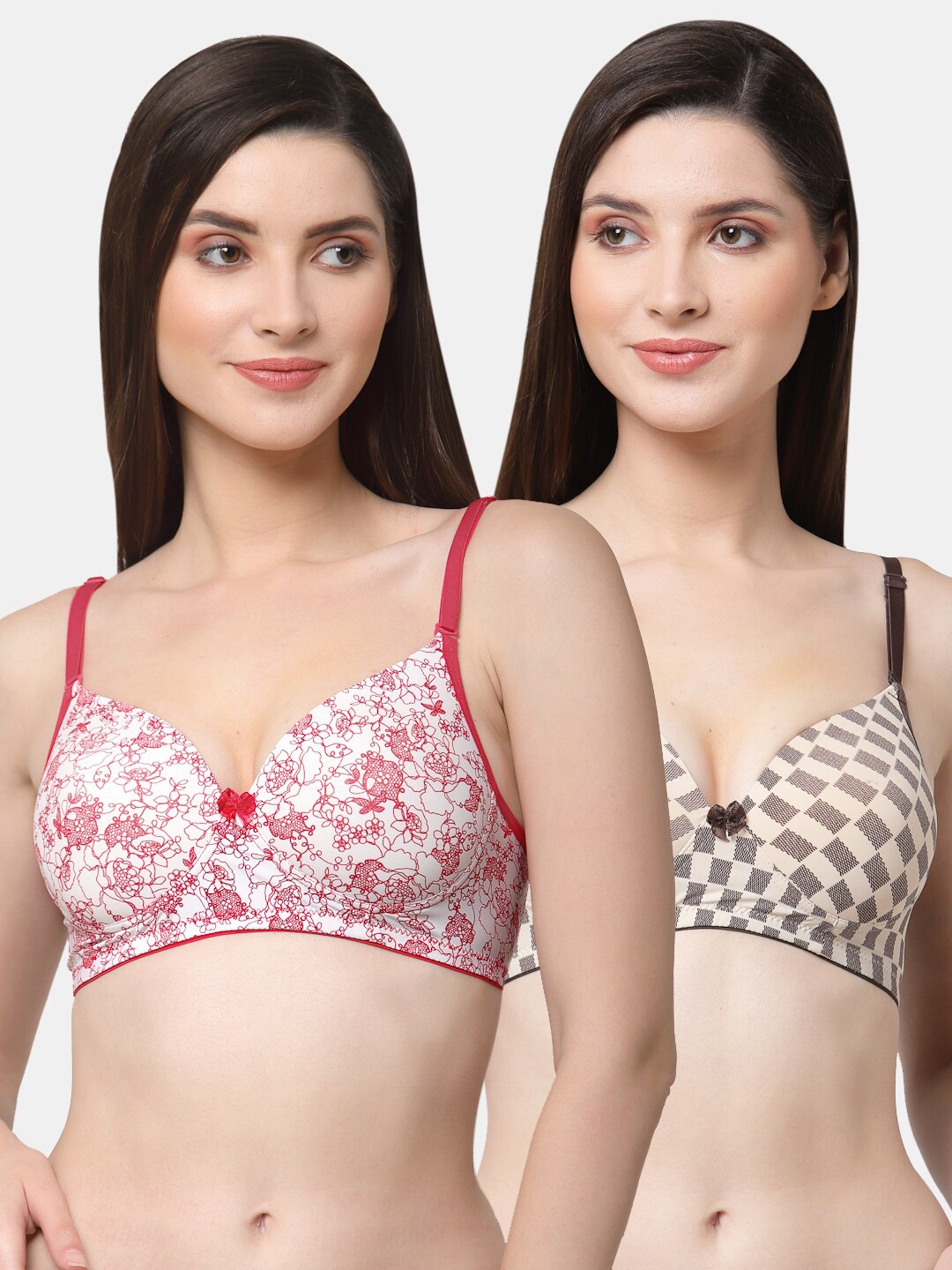 

Floret White & Brown Pack Of 2 Checked & Floral Printed Lightly Padded Push-Up Bra