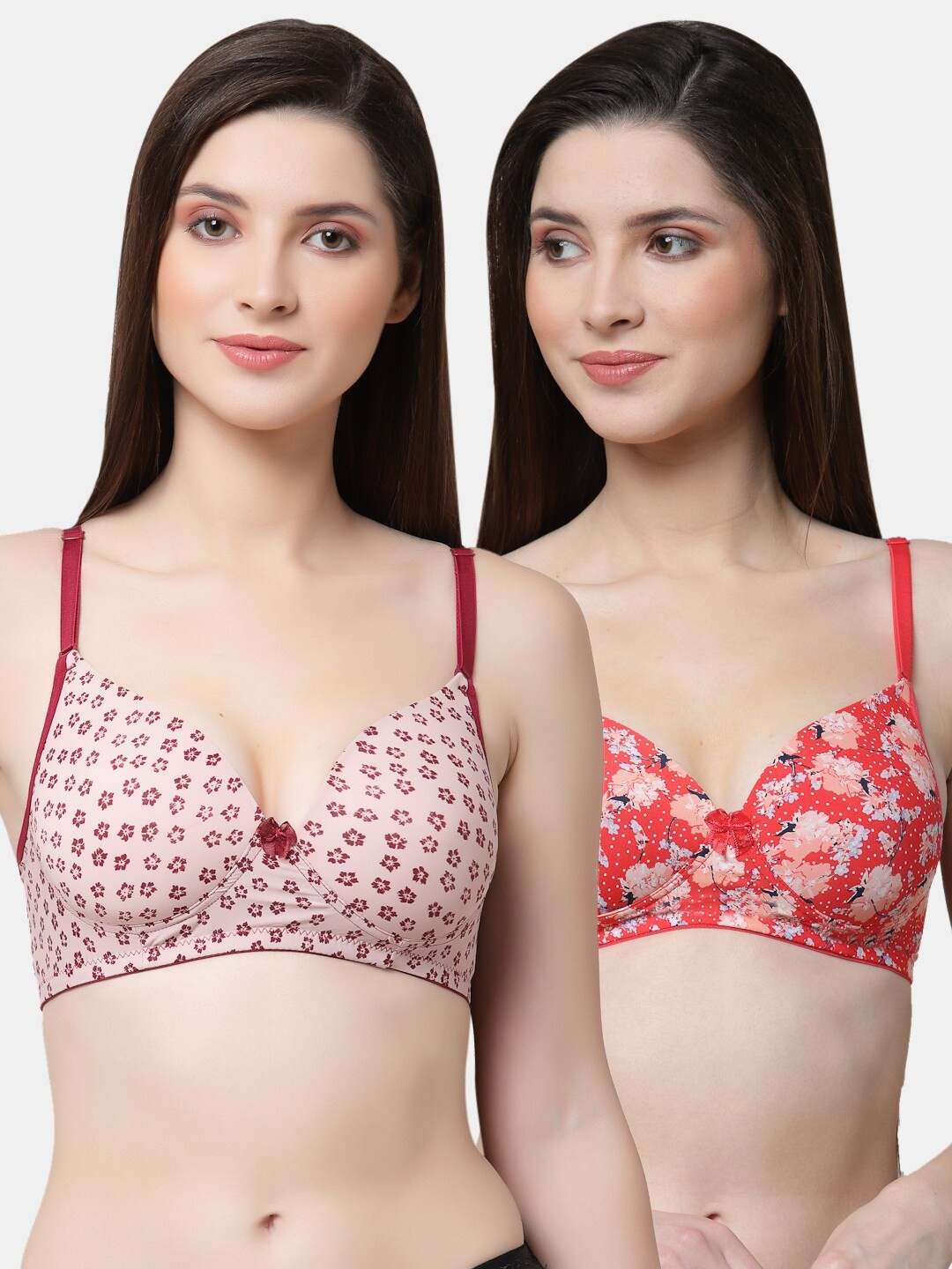 

Floret Peach-Coloured & Maroon Printed Set Of 2 Lightly Padded All Day Comfort Push-Up Bra
